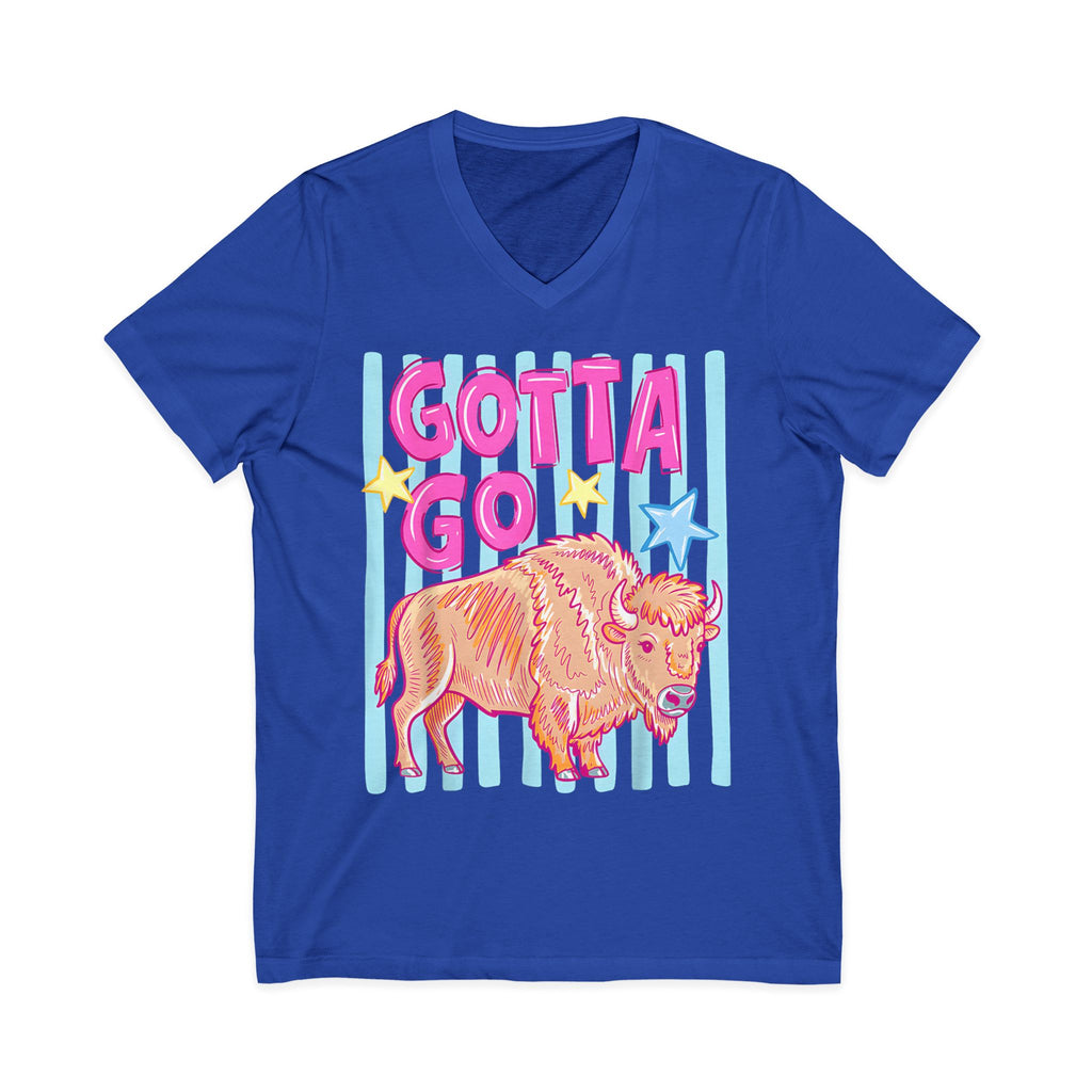 Gotta Go Buffalo V-Neck Tee — Retro Pastel Bison Graphic T-Shirt