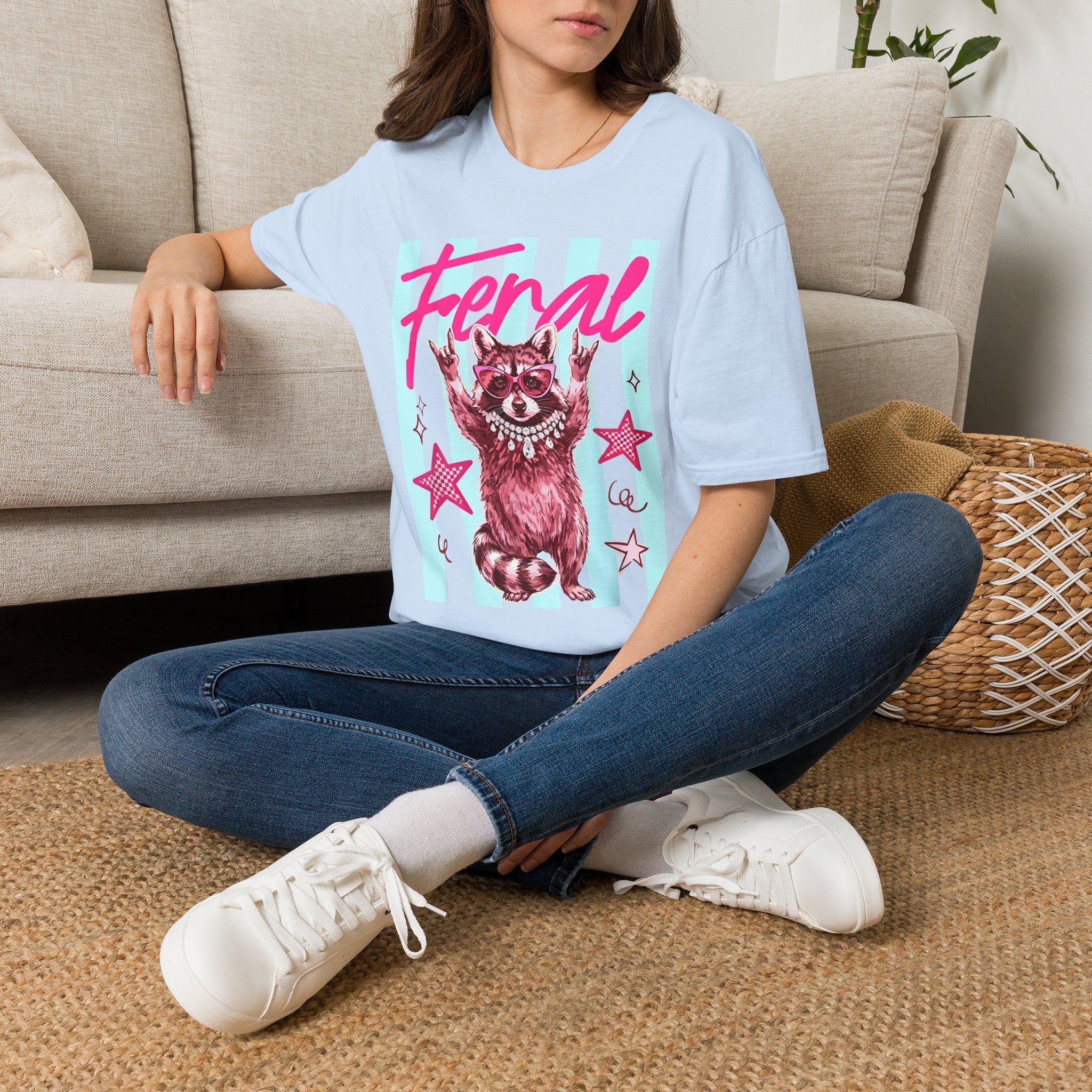 Feral Raccoon Graphic T-Shirt — Retro Pink & Teal Cute Punk Tee