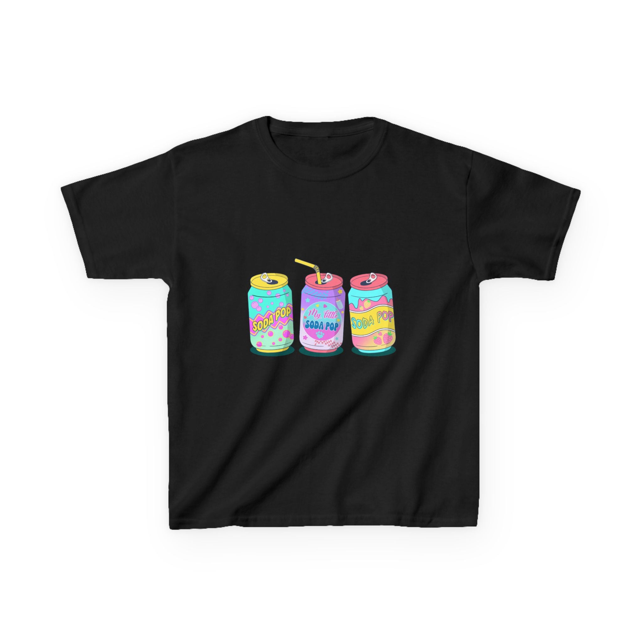 Kids T-Shirt — Colorful Soda Can Trio Graphic Tee (Cute Retro Drink Design)