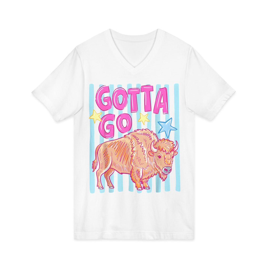Gotta Go Buffalo V-Neck Tee — Retro Pastel Bison Graphic T-Shirt