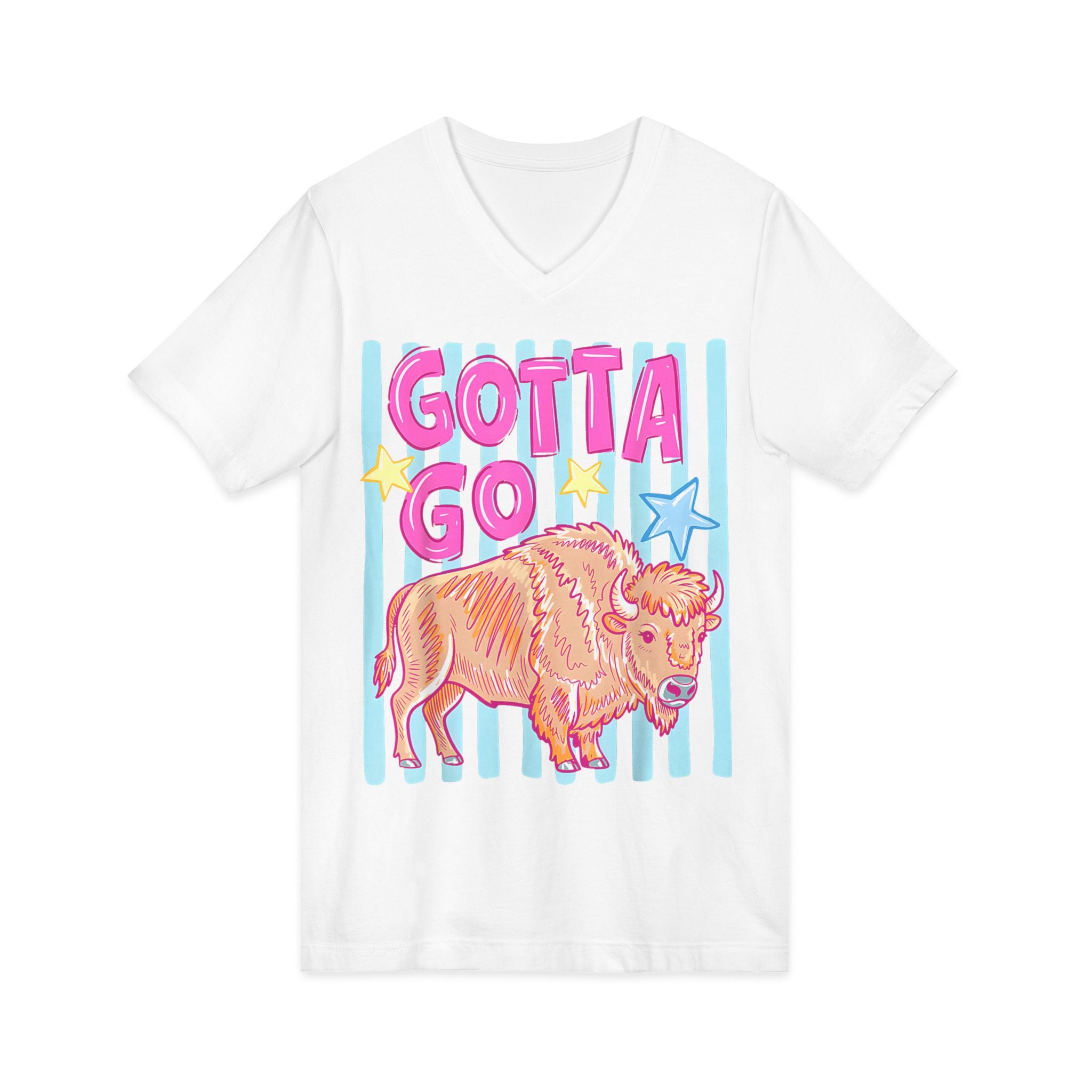 Gotta Go Buffalo V-Neck Tee — Retro Pastel Bison Graphic T-Shirt