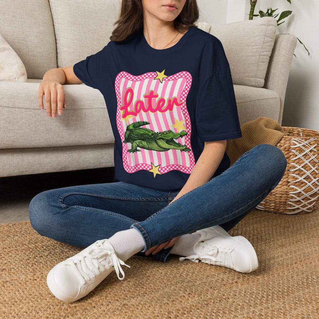 Later Graphic T‑Shirt — Retro Pink Stripe Alligator Design