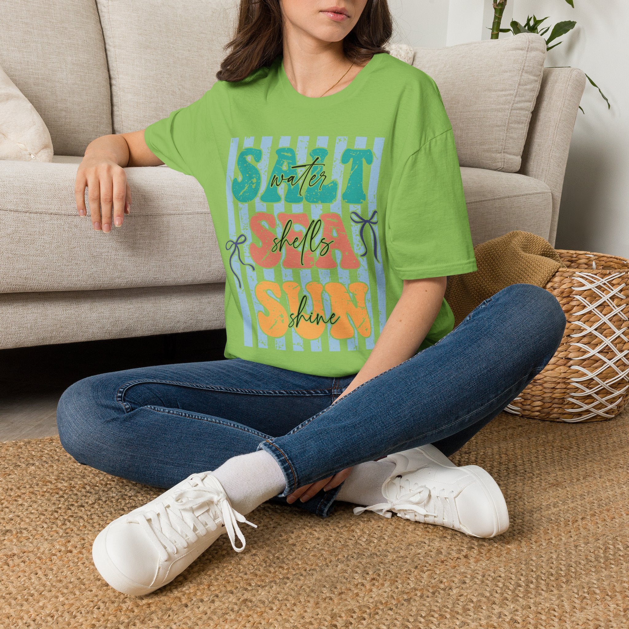 Beach Vibes T-Shirt — "Salt Water, Sea Shells, Sun" Retro Stripes