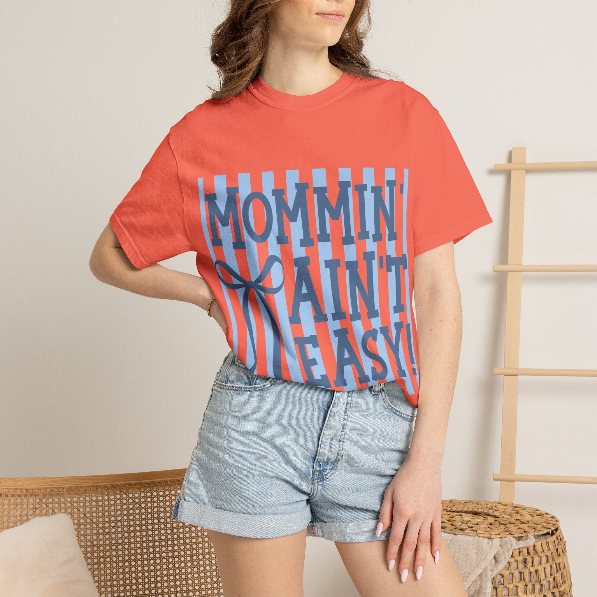 Mommin' Ain't Easy T-Shirt — Funny Mom Gift, Blue Striped Mother's Day Tee