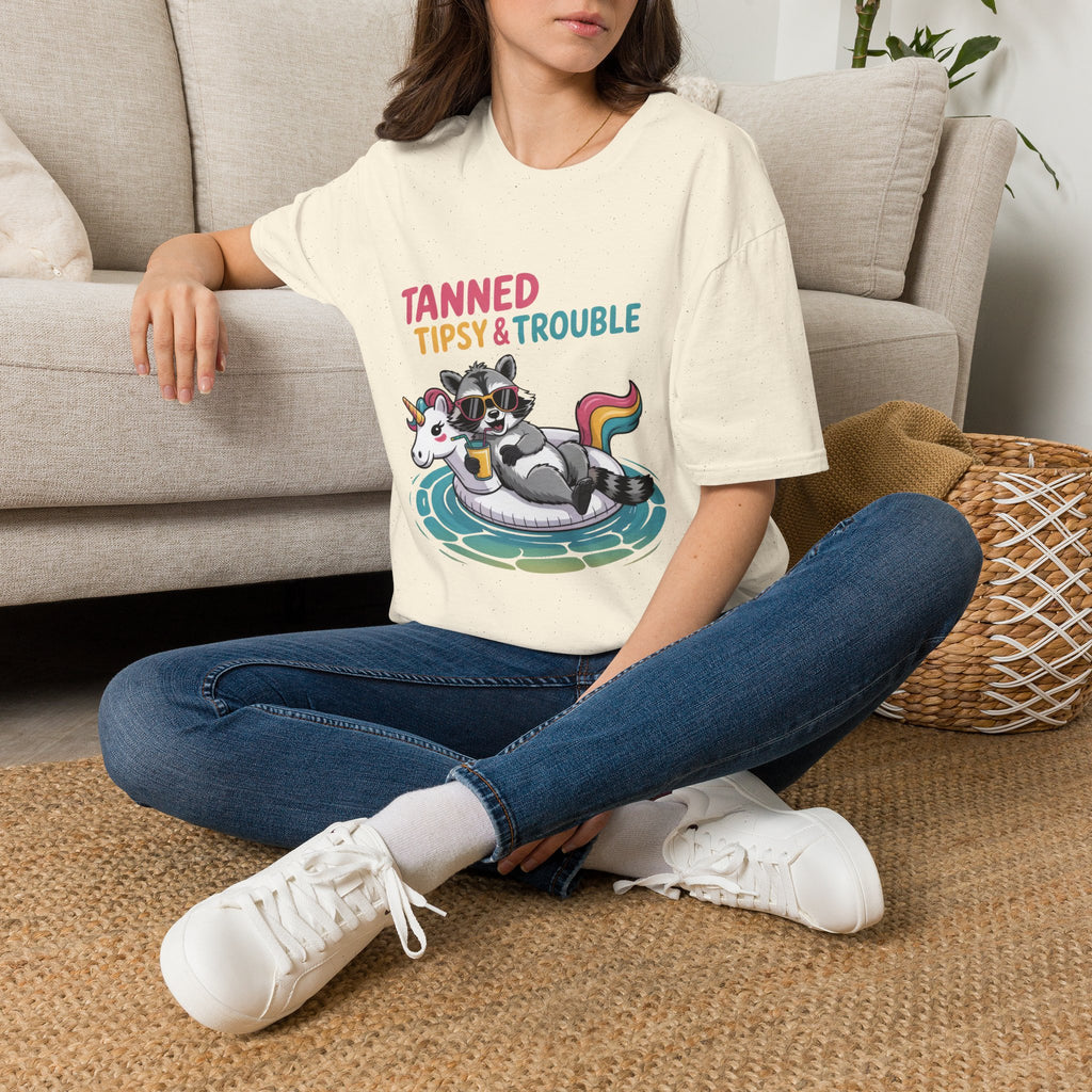 T-Shirt — "Tanned Tipsy & Trouble" Raccoon Summer Tee