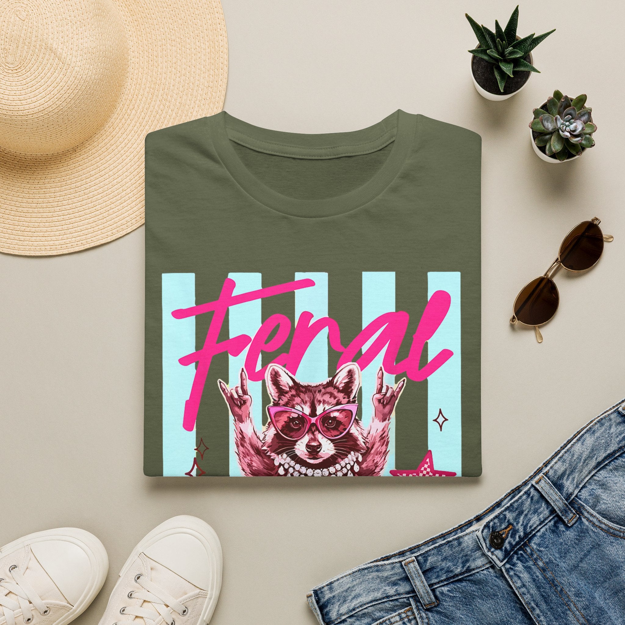 Feral Raccoon Graphic T-Shirt — Retro Pink & Teal Cute Punk Tee