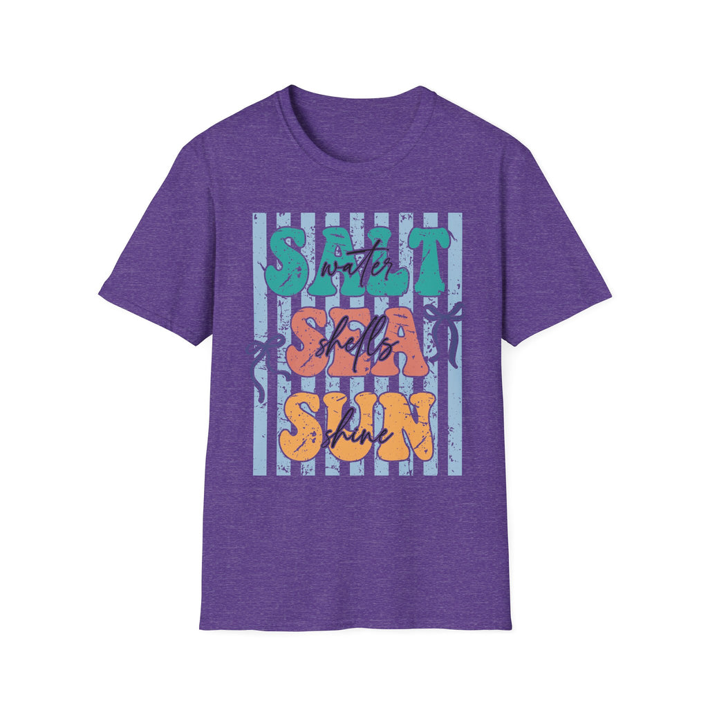 Beach Vibes T-Shirt — "Salt Water, Sea Shells, Sun" Retro Stripes