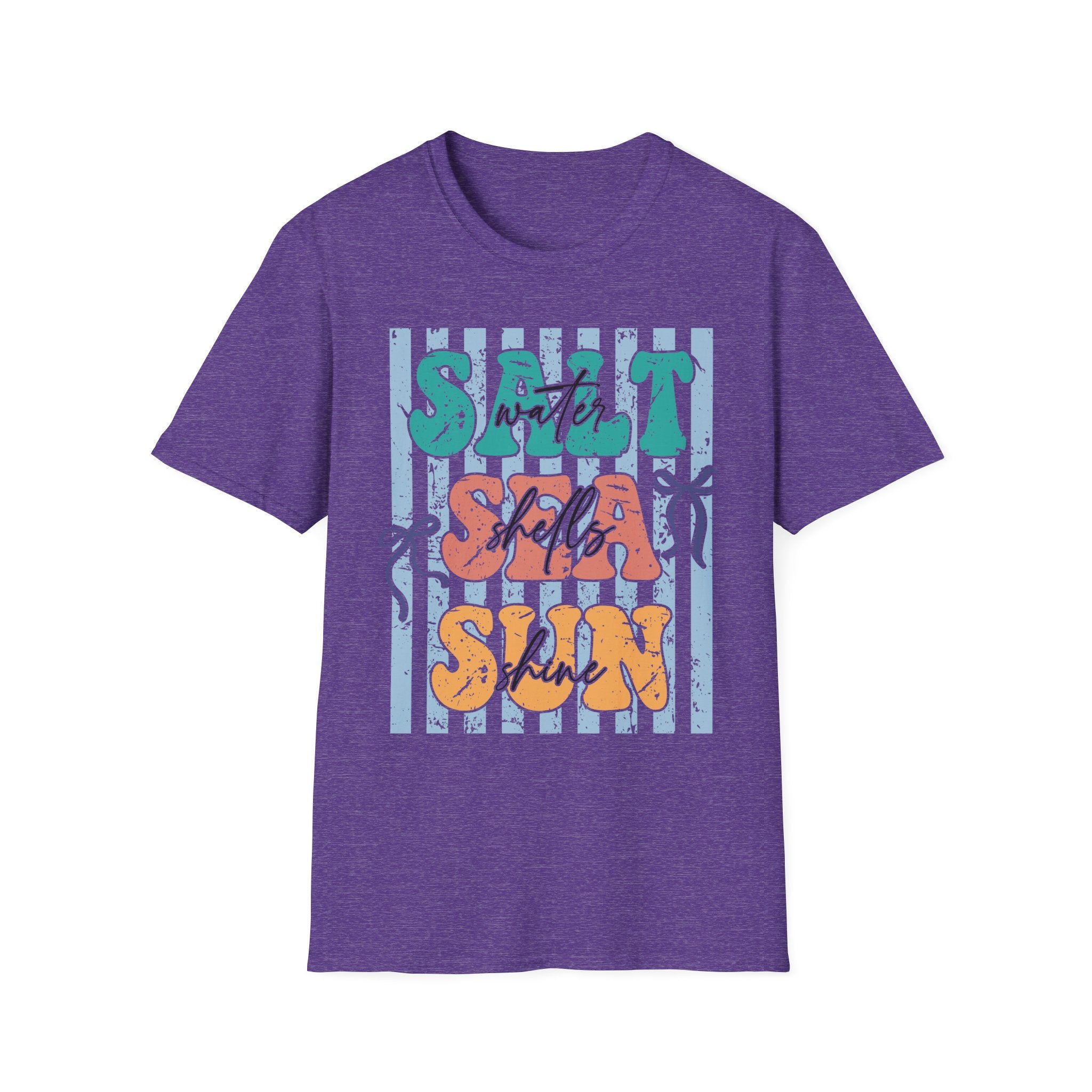 Beach Vibes T-Shirt — "Salt Water, Sea Shells, Sun" Retro Stripes