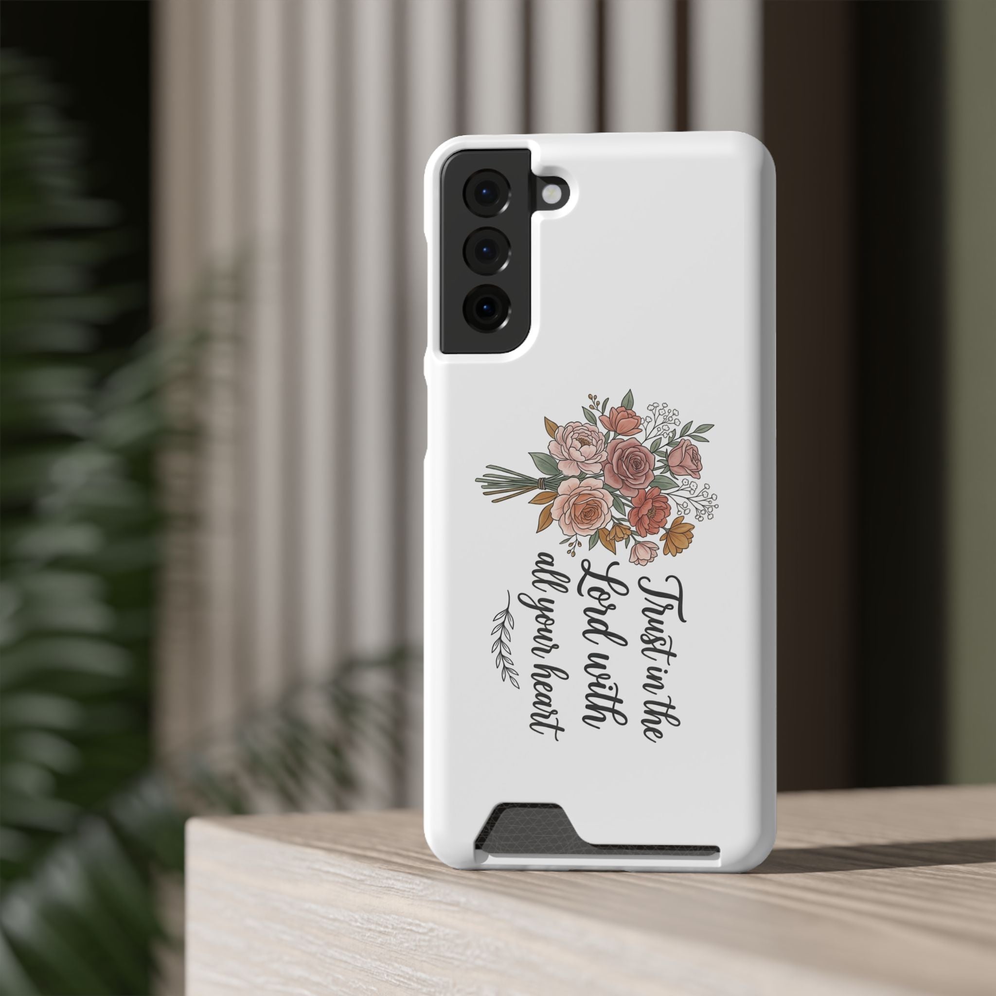 Phone Case with Card Holder — Floral "Trust in the Lord with all your heart" Religious Wallet Case