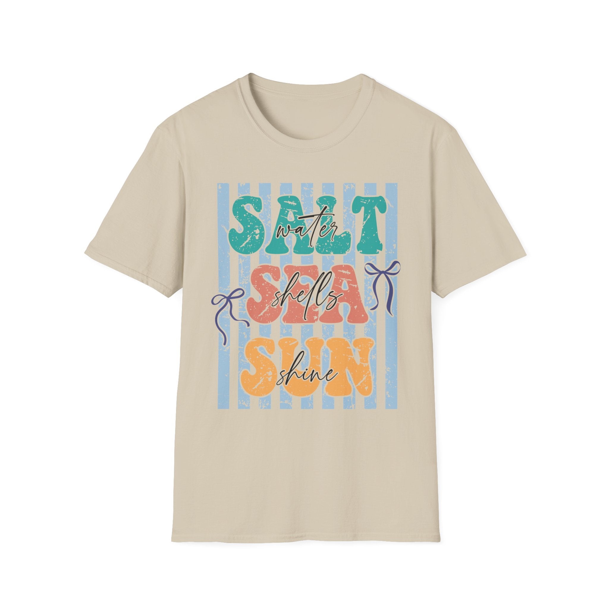 Beach Vibes T-Shirt — "Salt Water, Sea Shells, Sun" Retro Stripes