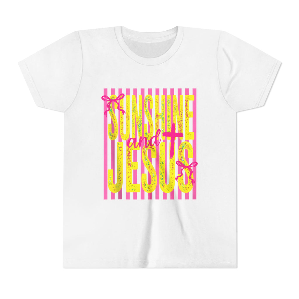 Youth Tee — "Sunshine and Jesus" Pink & Yellow Striped Christian Graphic