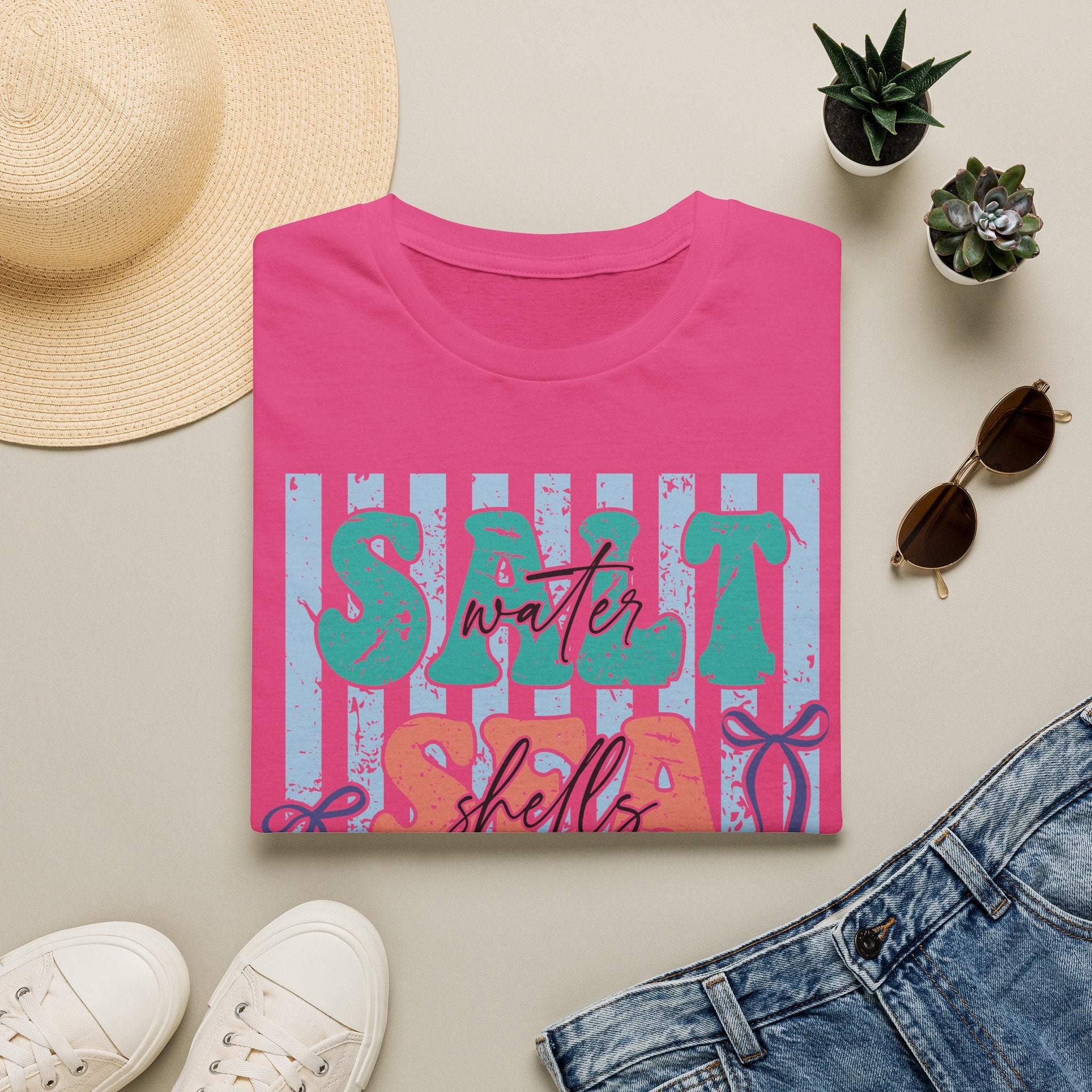 Beach Vibes T-Shirt — "Salt Water, Sea Shells, Sun" Retro Stripes