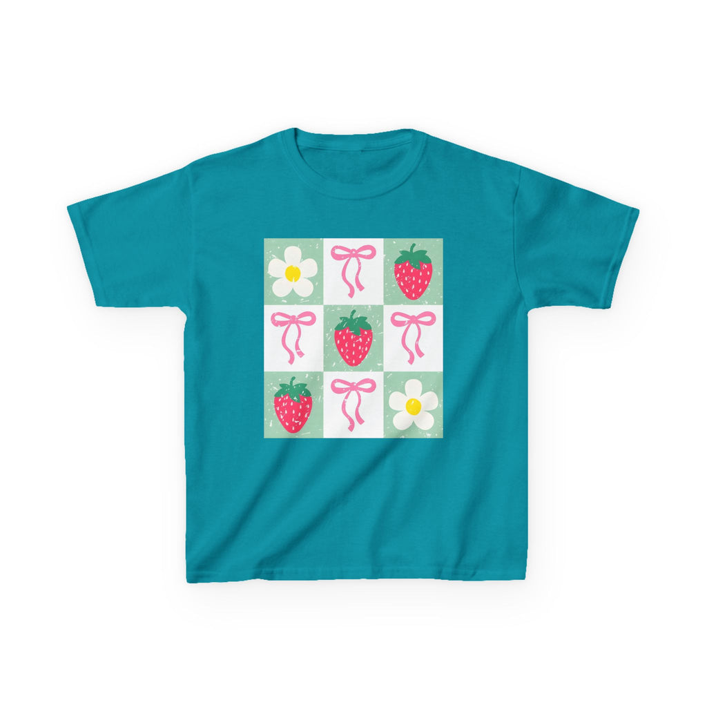 Kids Strawberry Grid Tee — Cute Strawberry & Flower Graphic T-Shirt