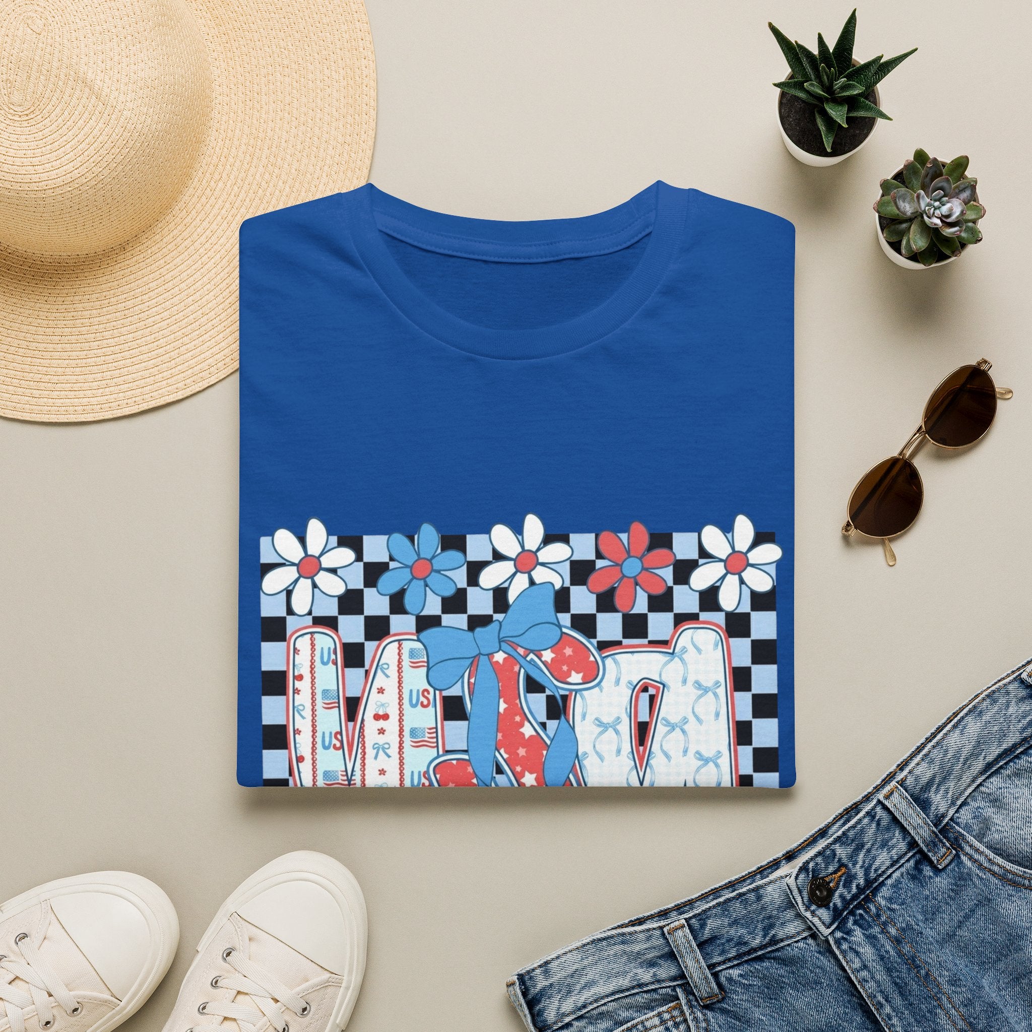 Flip Flop Summer Tee — Red Blue Floral Check Graphic T-Shirt