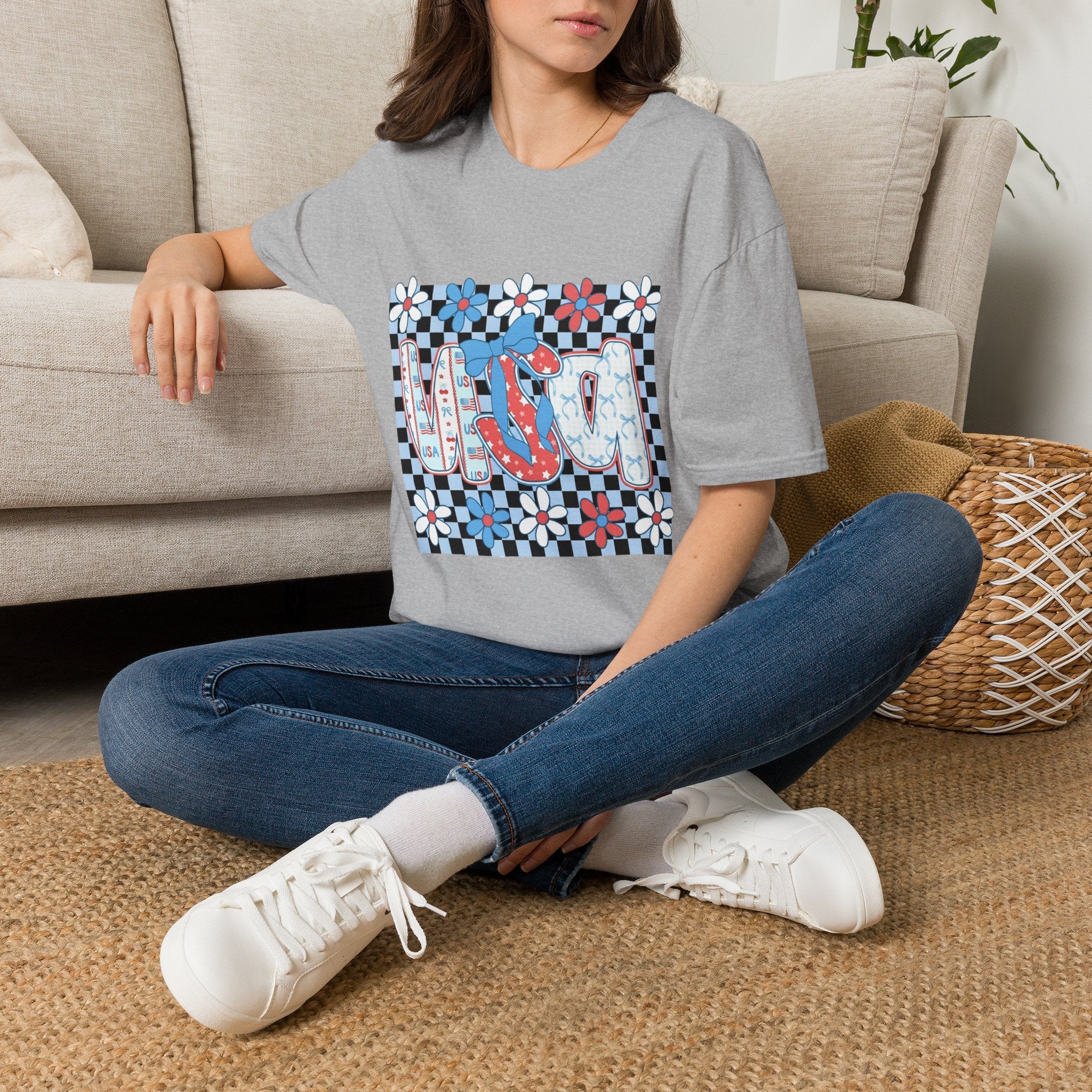 Flip Flop Summer Tee — Red Blue Floral Check Graphic T-Shirt