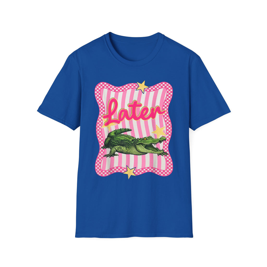 Later Graphic T‑Shirt — Retro Pink Stripe Alligator Design