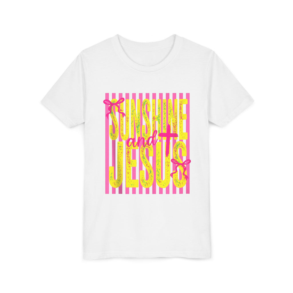Youth Tee — "Sunshine and Jesus" Pink & Yellow Striped Christian Graphic