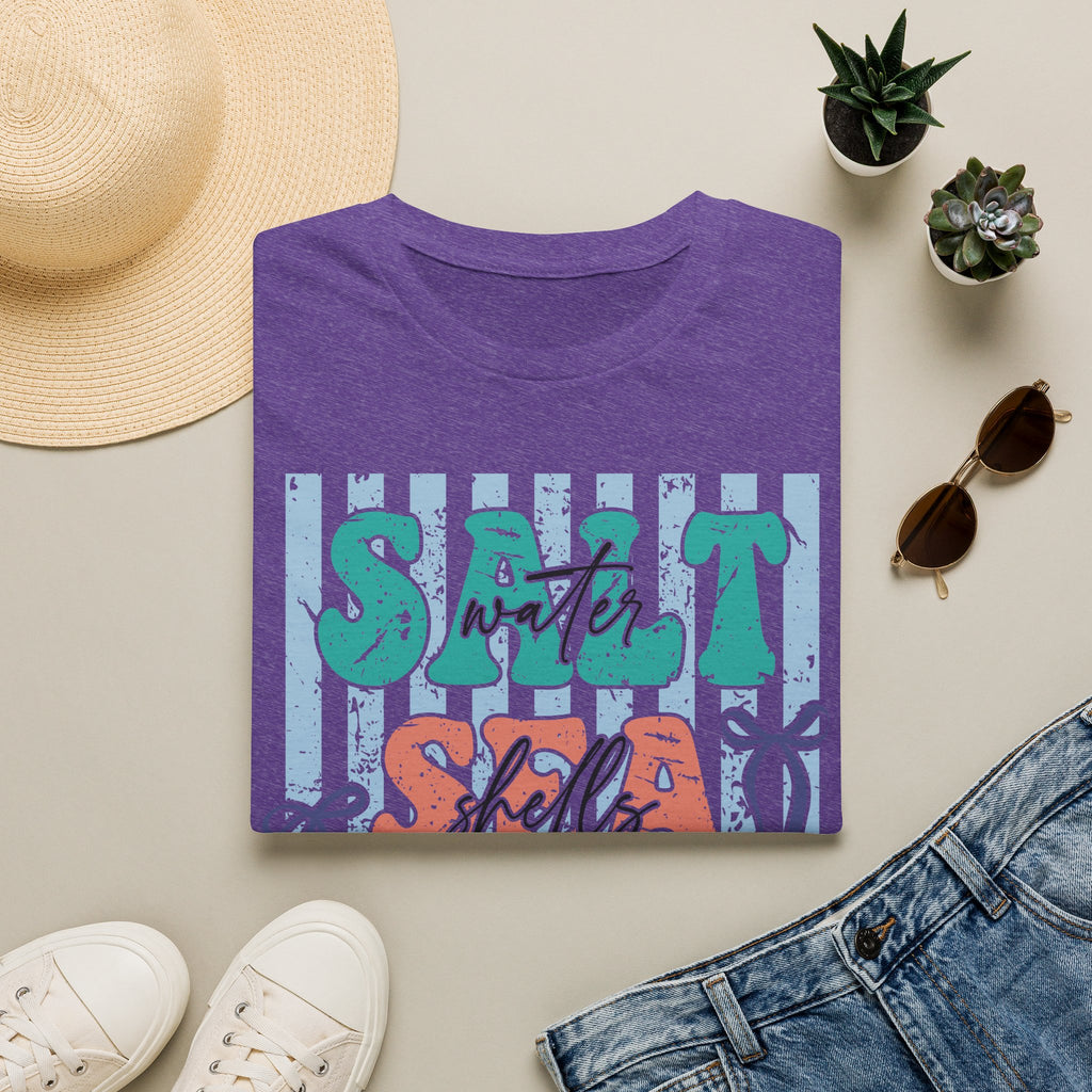 Beach Vibes T-Shirt — "Salt Water, Sea Shells, Sun" Retro Stripes