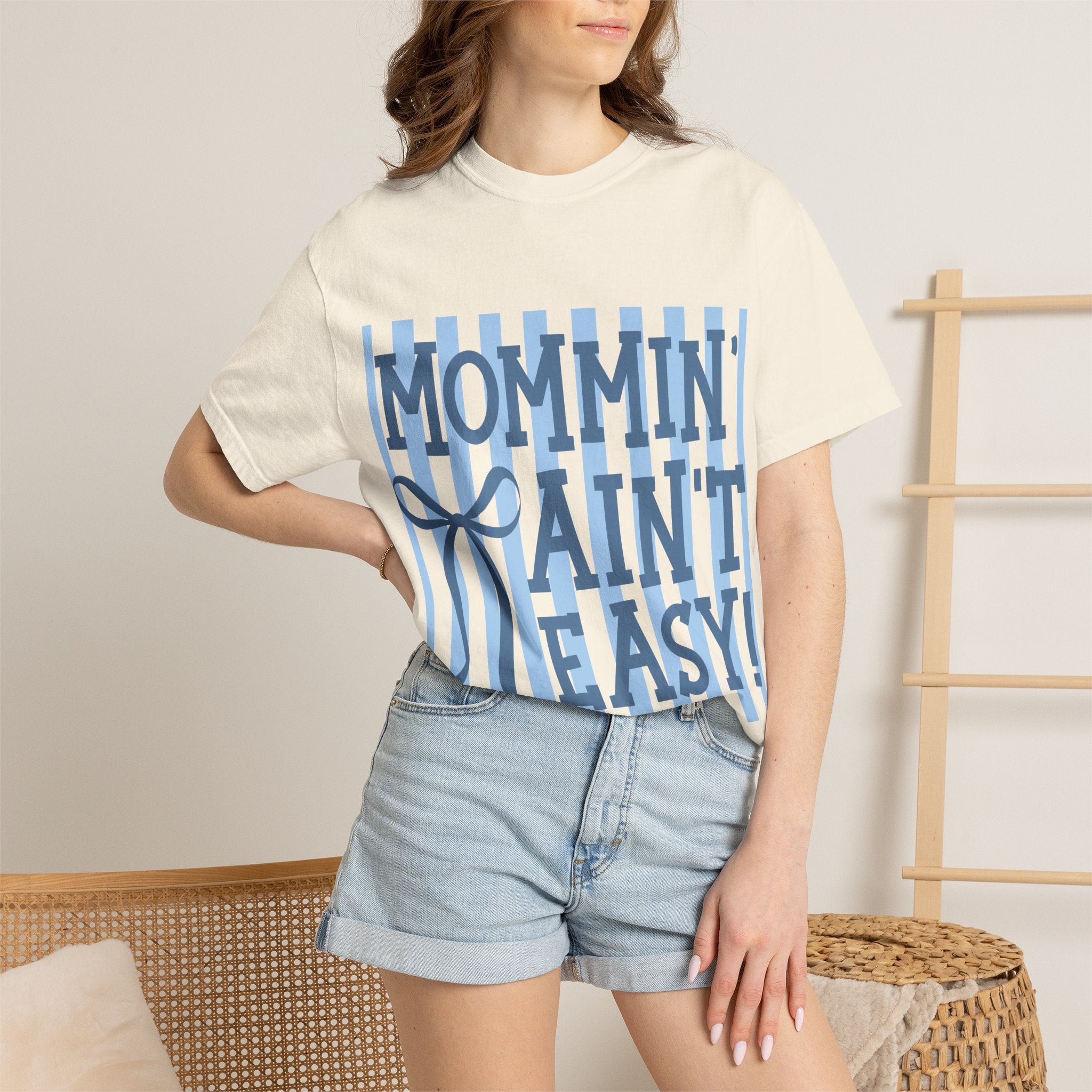 Mommin' Ain't Easy T-Shirt — Funny Mom Gift, Blue Striped Mother's Day Tee