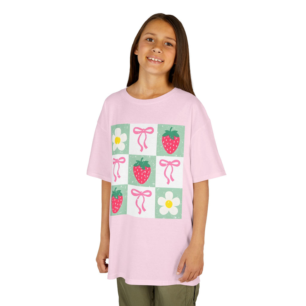 Kids Strawberry Grid Tee — Cute Strawberry & Flower Graphic T-Shirt