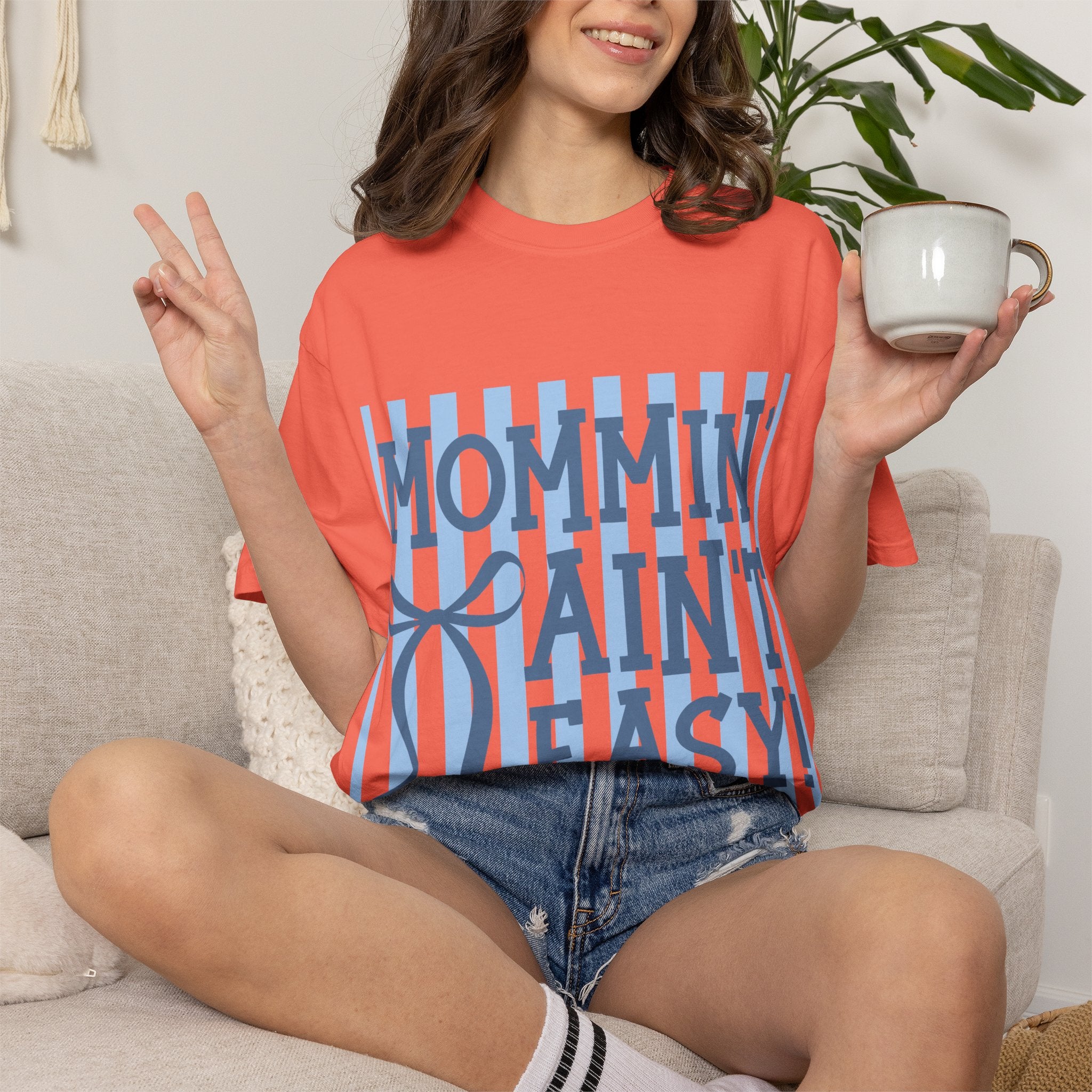 Mommin' Ain't Easy T-Shirt — Funny Mom Gift, Blue Striped Mother's Day Tee