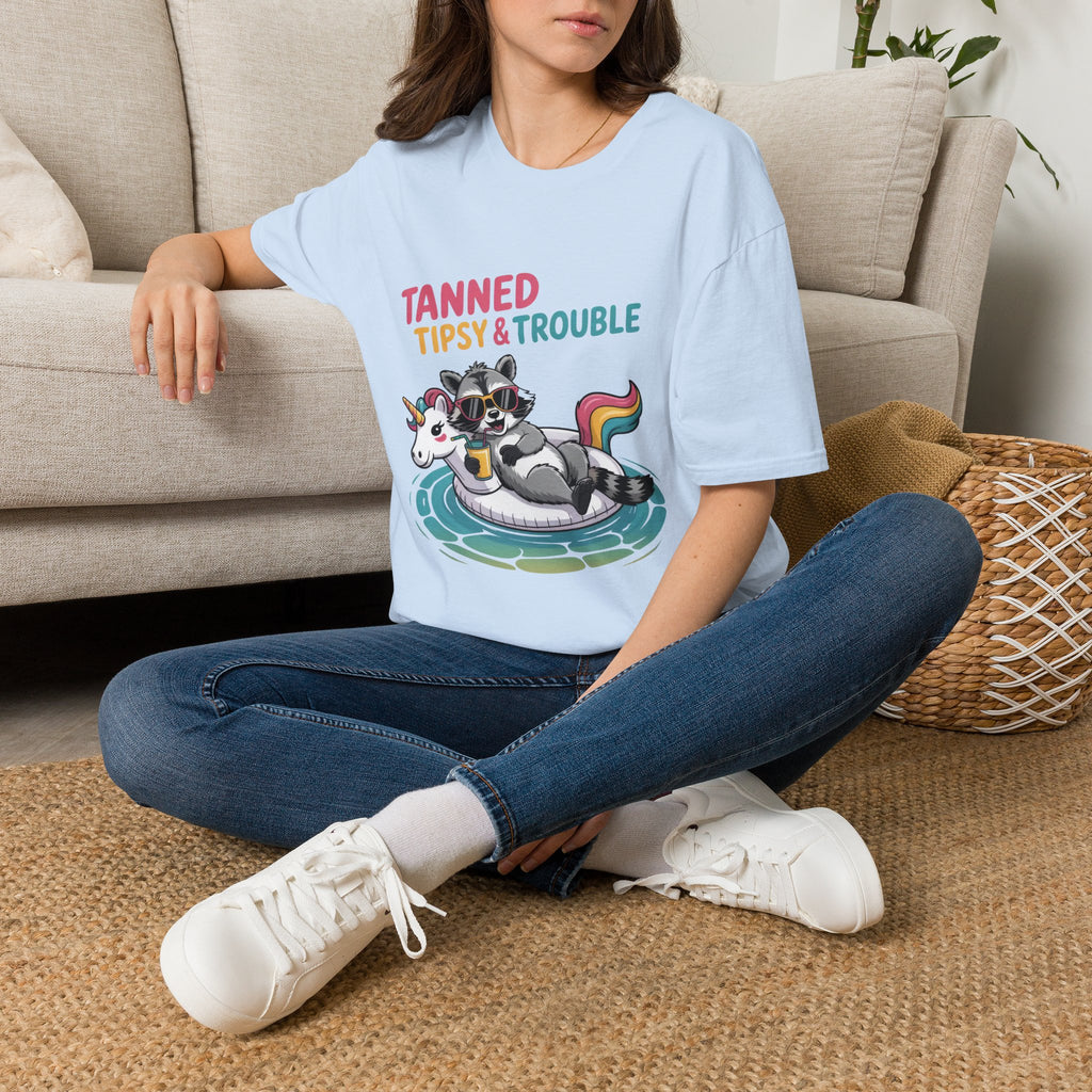 T-Shirt — "Tanned Tipsy & Trouble" Raccoon Summer Tee