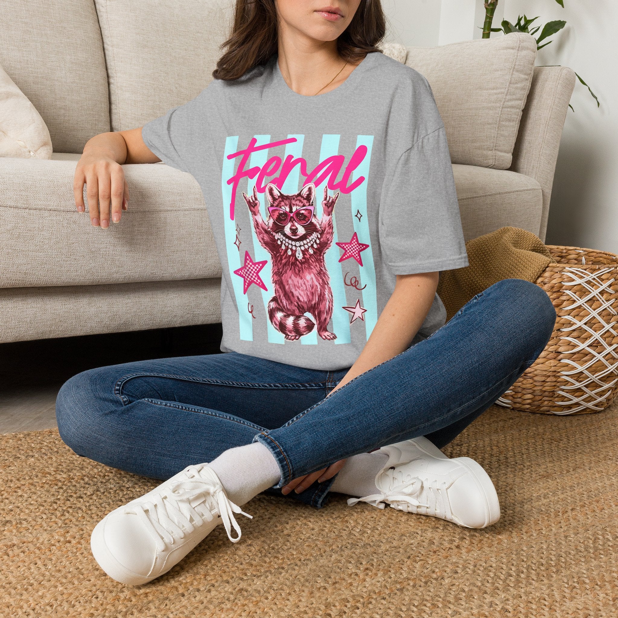 Feral Raccoon Graphic T-Shirt — Retro Pink & Teal Cute Punk Tee