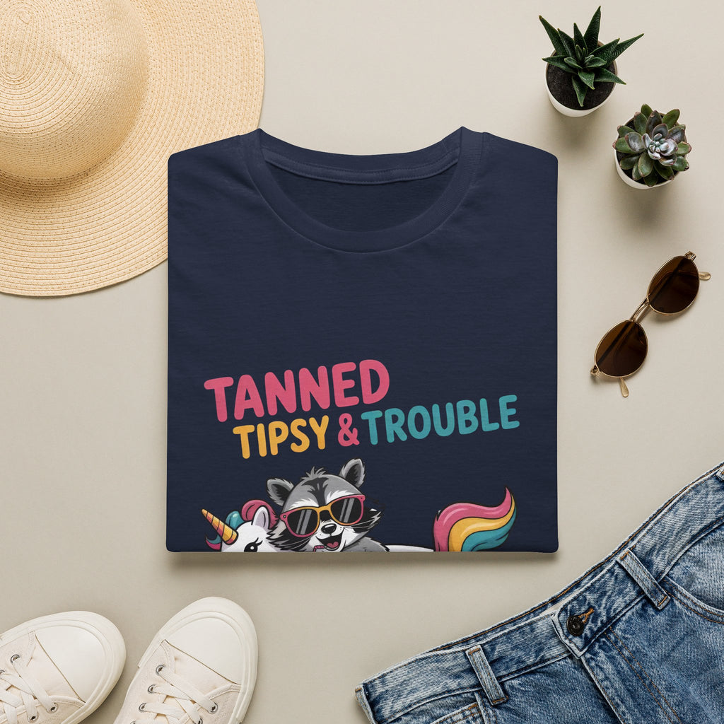 T-Shirt — "Tanned Tipsy & Trouble" Raccoon Summer Tee