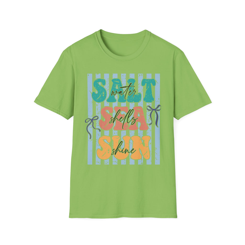Beach Vibes T-Shirt — "Salt Water, Sea Shells, Sun" Retro Stripes