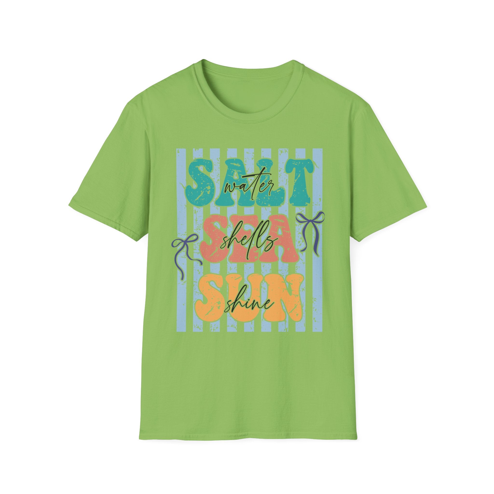 Beach Vibes T-Shirt — "Salt Water, Sea Shells, Sun" Retro Stripes