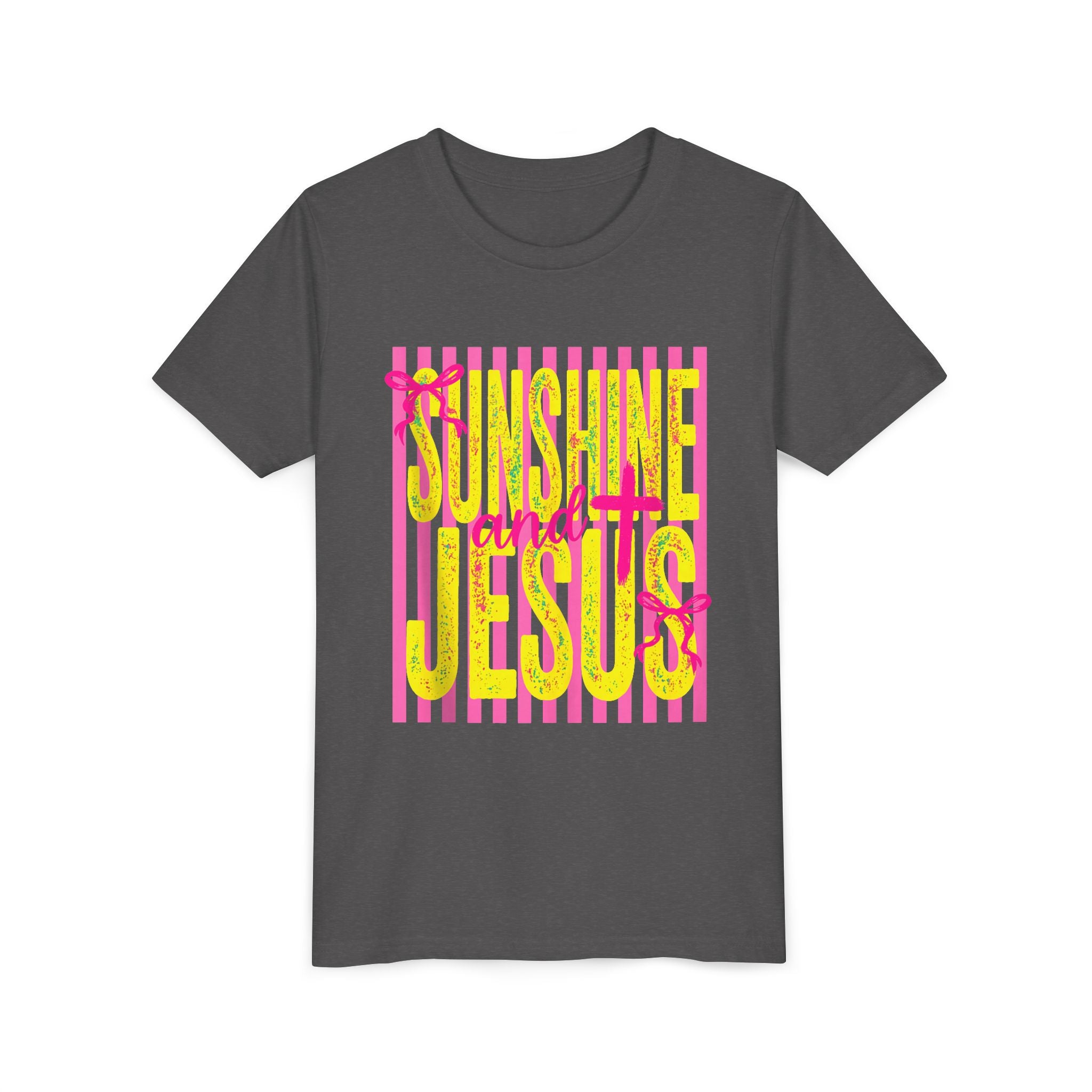 Youth Tee — "Sunshine and Jesus" Pink & Yellow Striped Christian Graphic