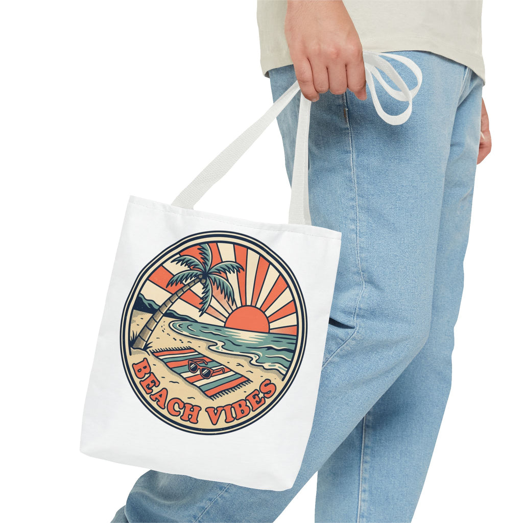Beach Vibes Tote Bag – Retro Sunset Palm Canvas Beach Tote