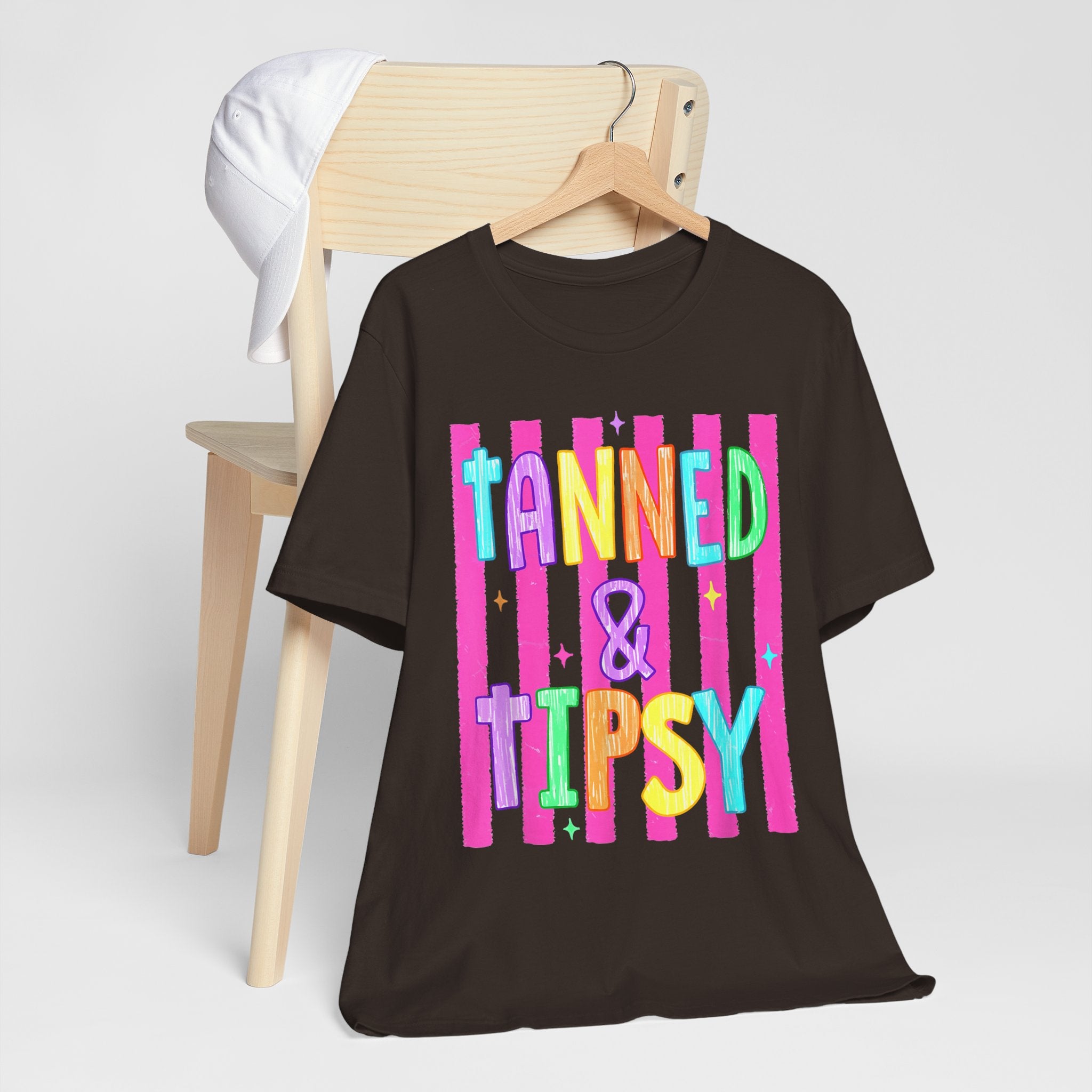 T-Shirt — "Tanned & Tipsy" Colorful Beach Party Graphic Tee