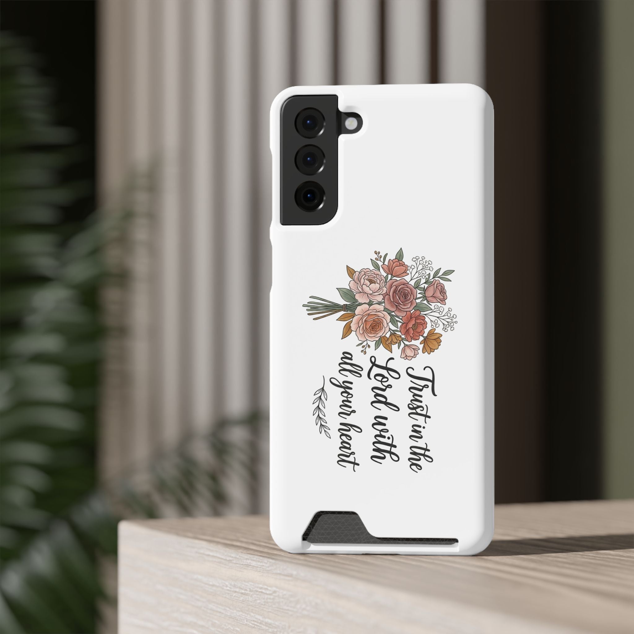 Phone Case with Card Holder — Floral "Trust in the Lord with all your heart" Religious Wallet Case