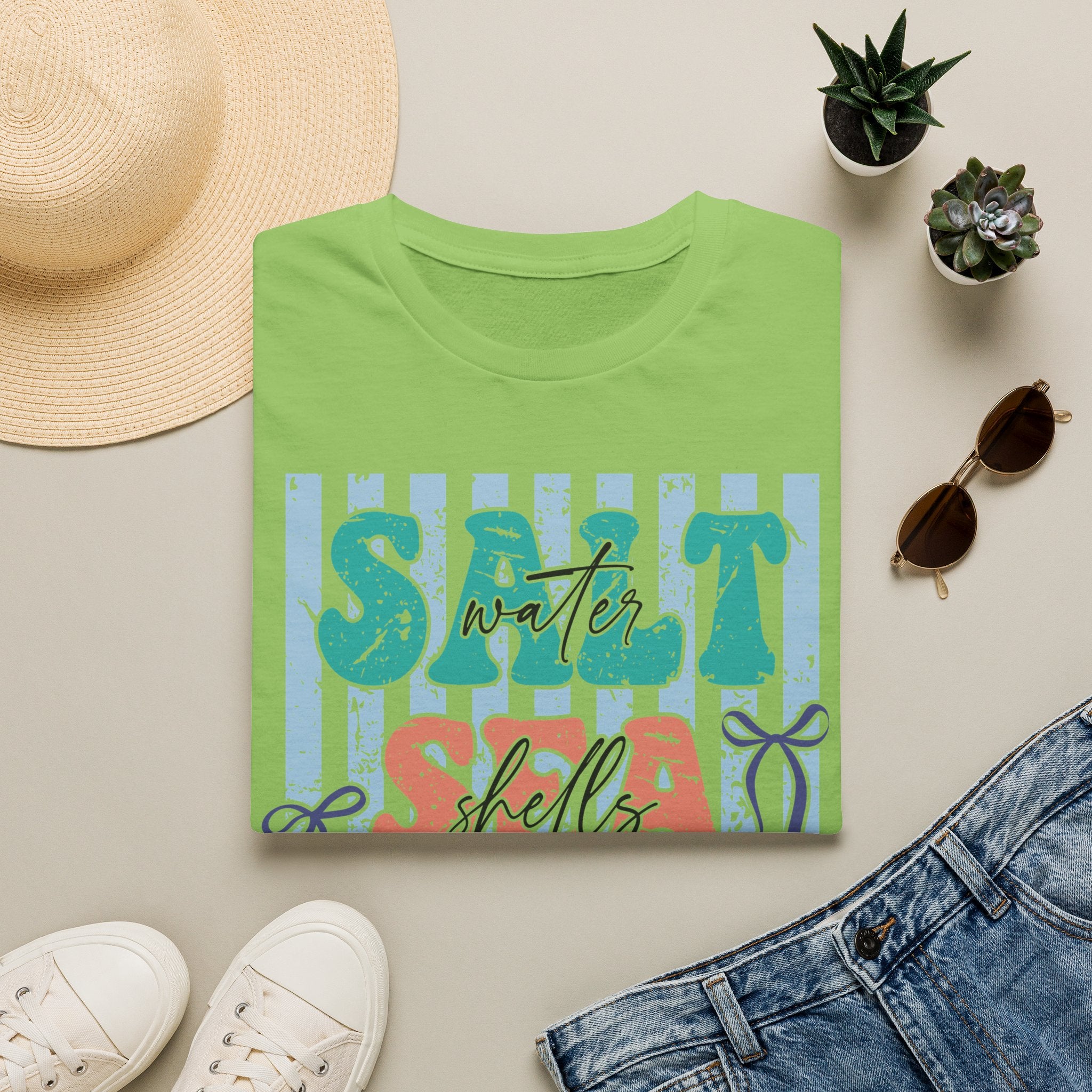 Beach Vibes T-Shirt — "Salt Water, Sea Shells, Sun" Retro Stripes