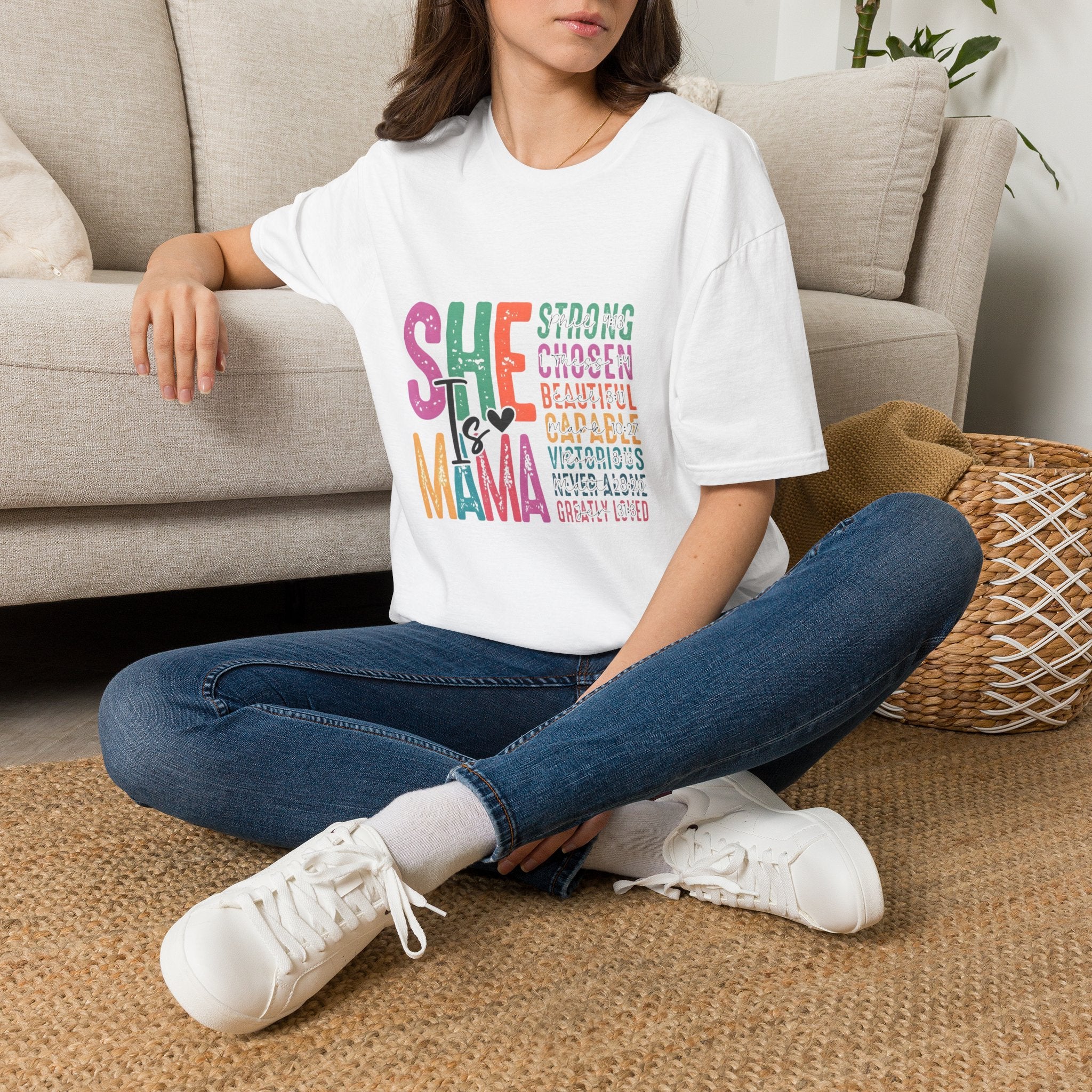 Mama T-Shirt — "She is Mama" Inspirational Mom Shirt (Strong • Chosen • Beautiful)
