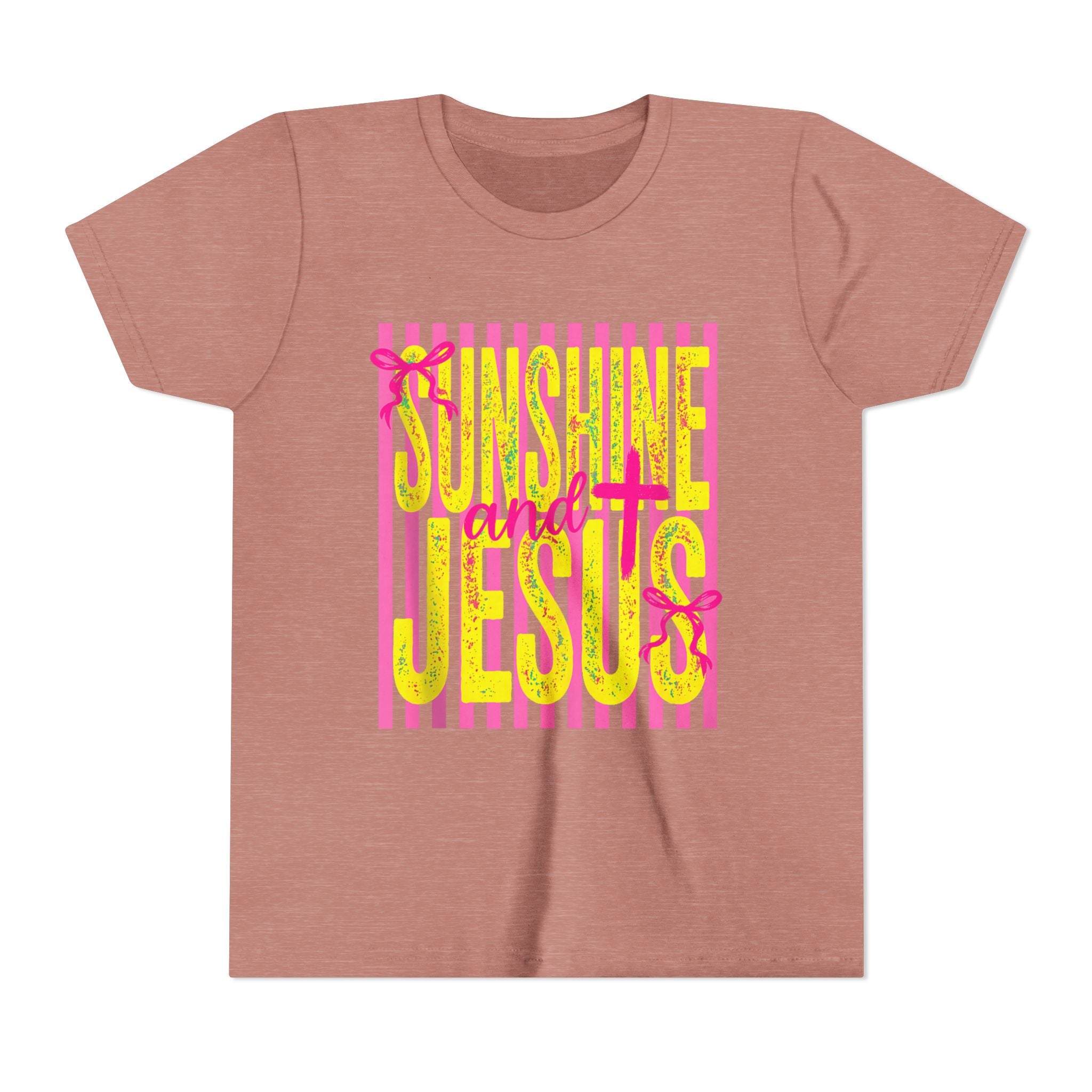 Youth Tee — "Sunshine and Jesus" Pink & Yellow Striped Christian Graphic