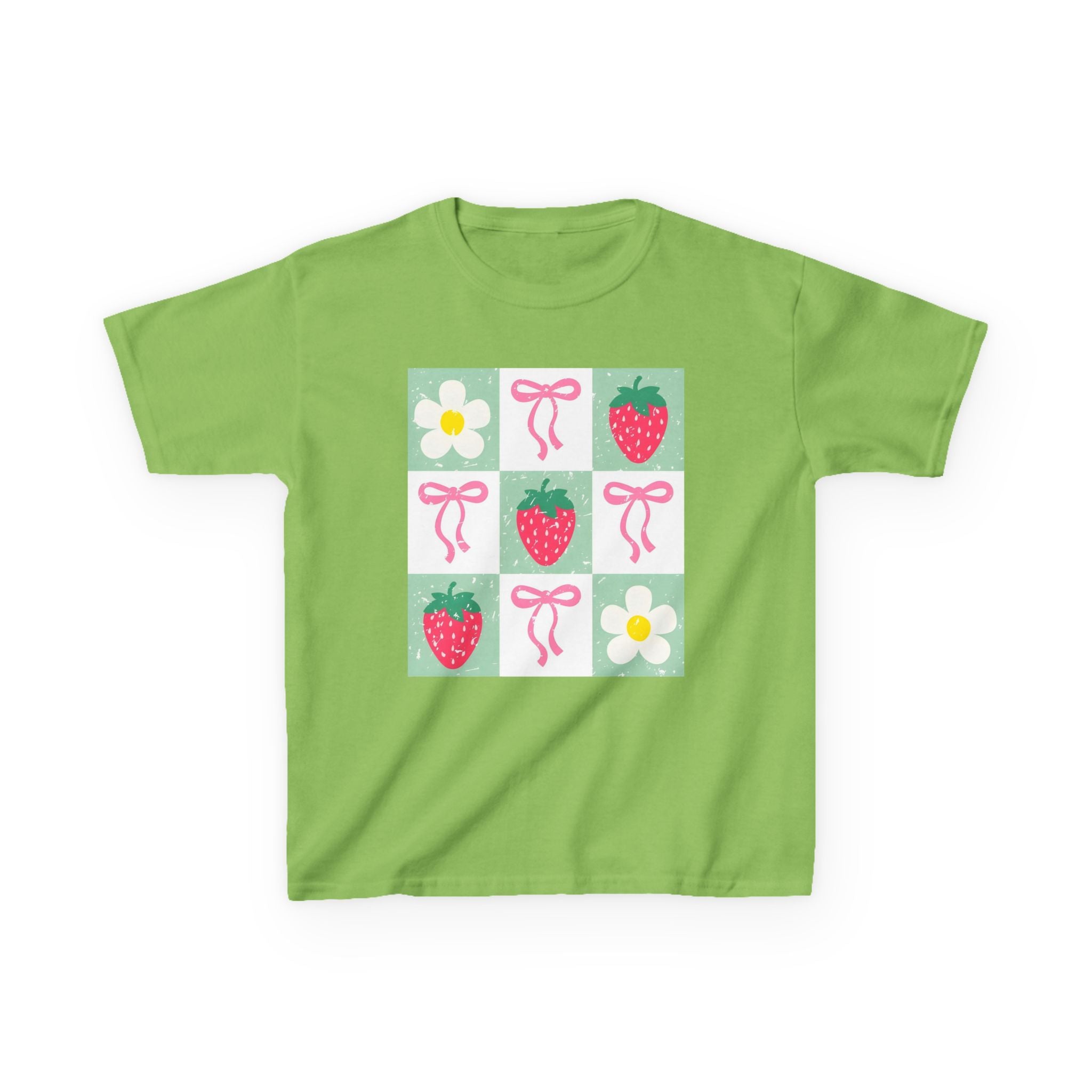 Kids Strawberry Grid Tee — Cute Strawberry & Flower Graphic T-Shirt