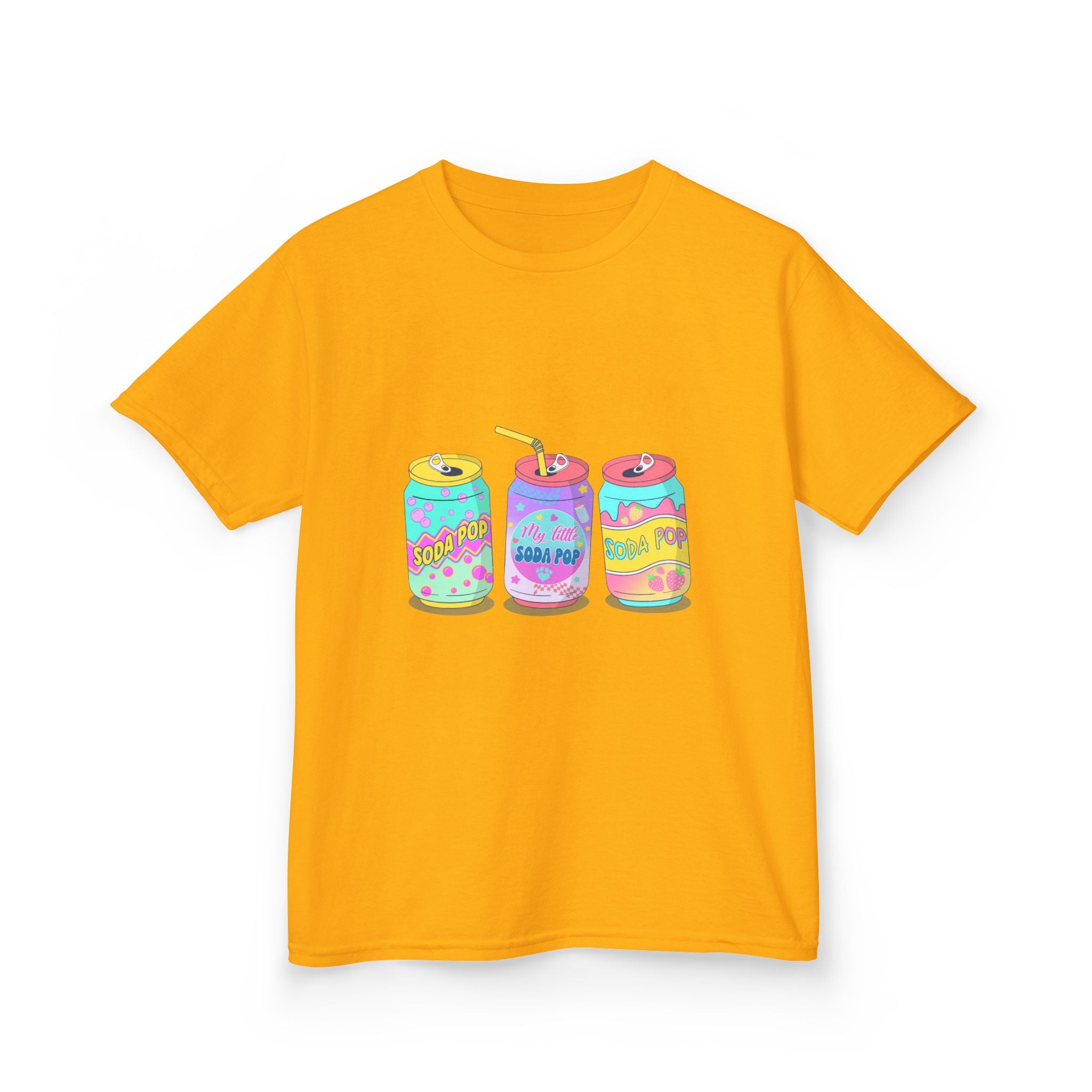 Kids T-Shirt — Colorful Soda Can Trio Graphic Tee (Cute Retro Drink Design)