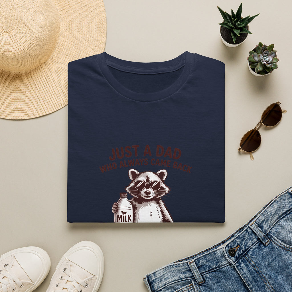 T-Shirt — "Just a Dad Who Always Came Back (With the Milk)" Cute Raccoon Father's Day Tee