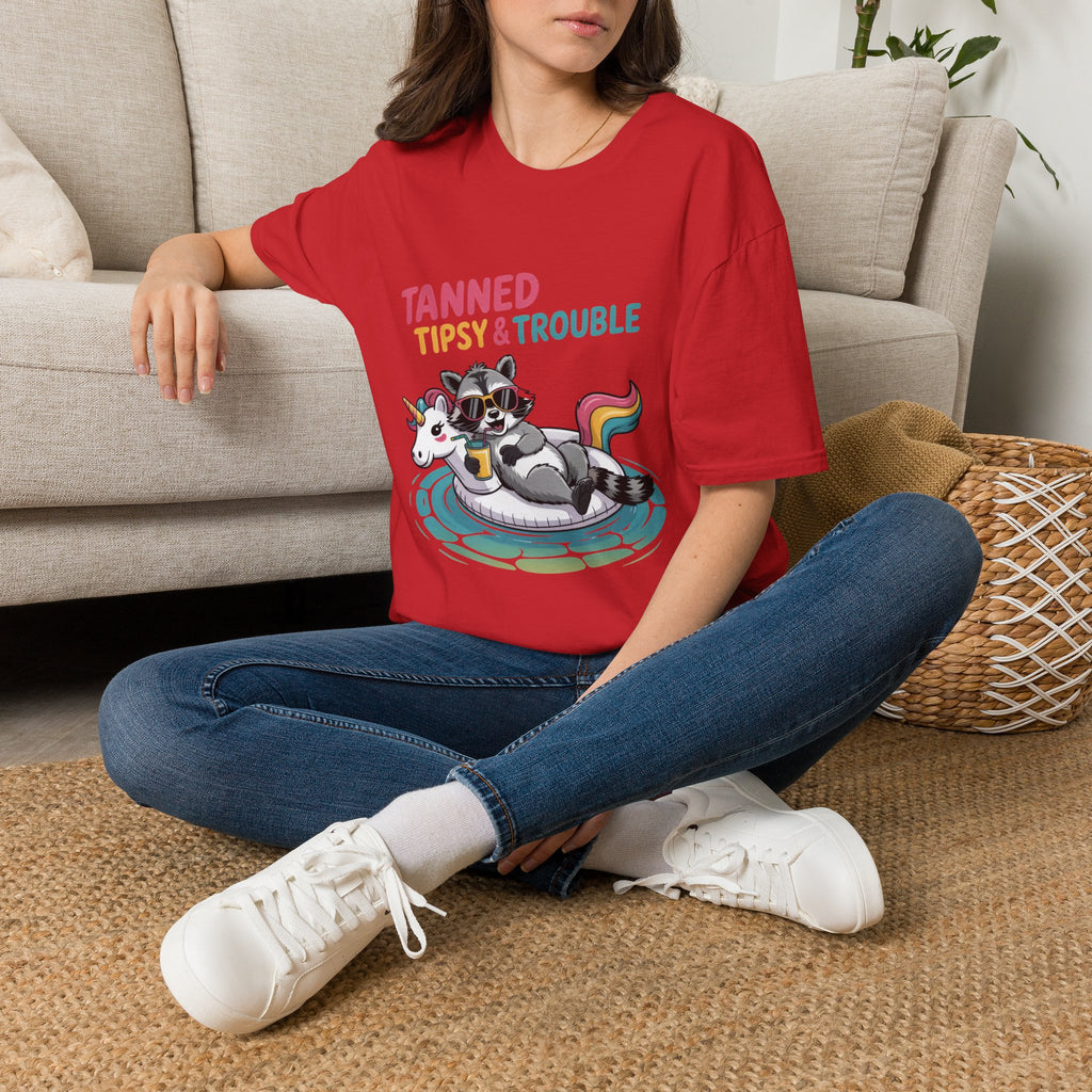 T-Shirt — "Tanned Tipsy & Trouble" Raccoon Summer Tee