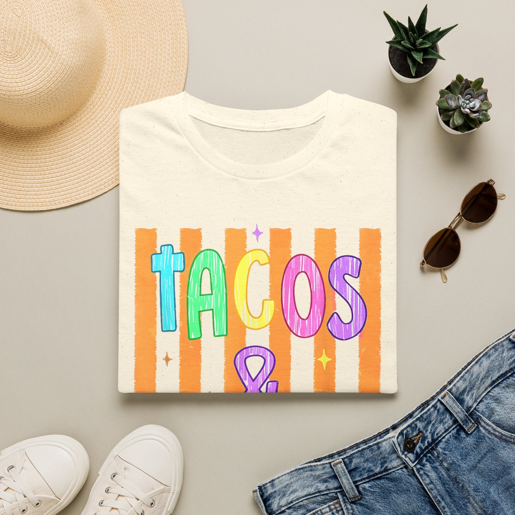 T-Shirt — "Tacos & Margs" Colorful Striped Graphic Tee