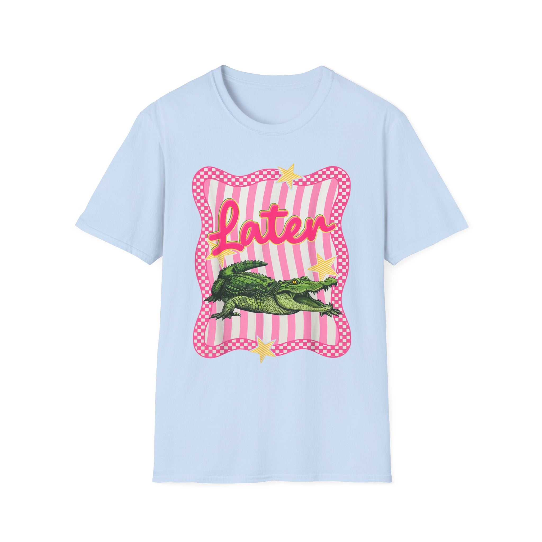 Later Graphic T‑Shirt — Retro Pink Stripe Alligator Design