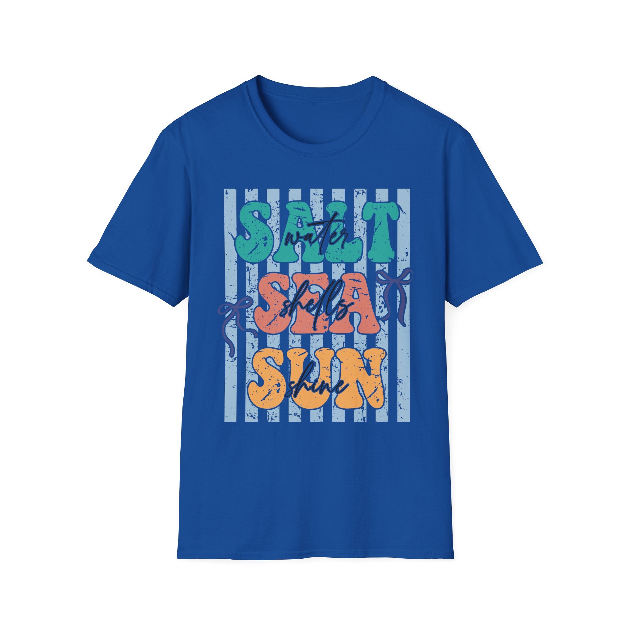Beach Vibes T-Shirt — "Salt Water, Sea Shells, Sun" Retro Stripes
