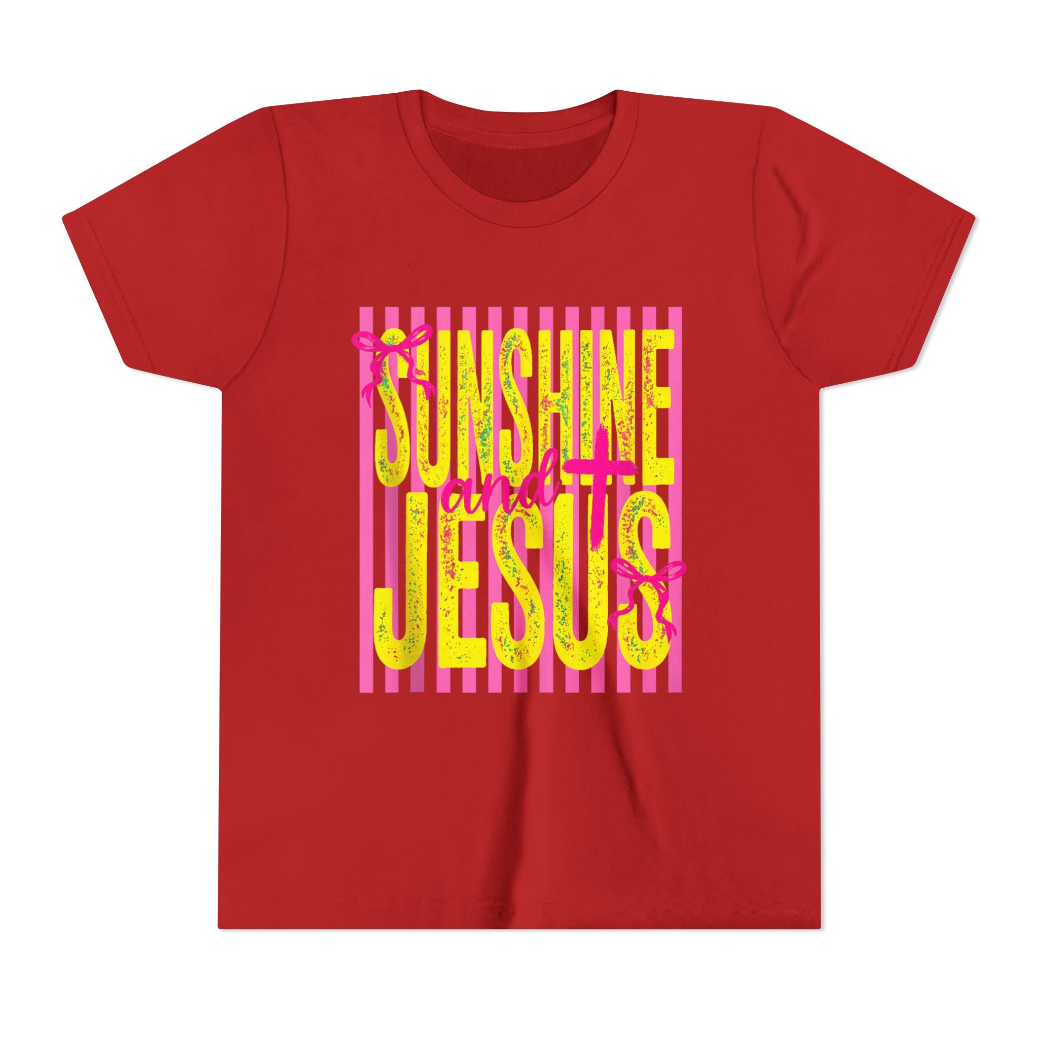 Youth Tee — "Sunshine and Jesus" Pink & Yellow Striped Christian Graphic