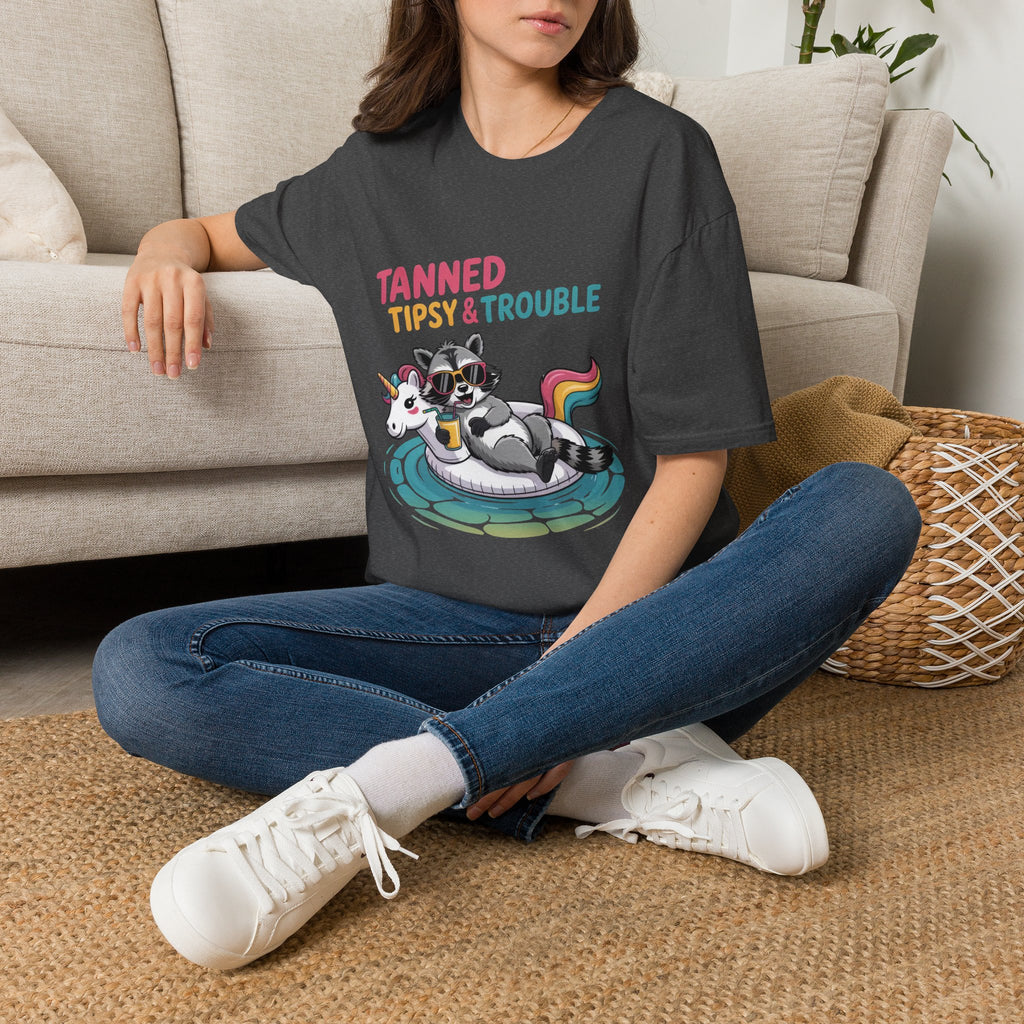 T-Shirt — "Tanned Tipsy & Trouble" Raccoon Summer Tee