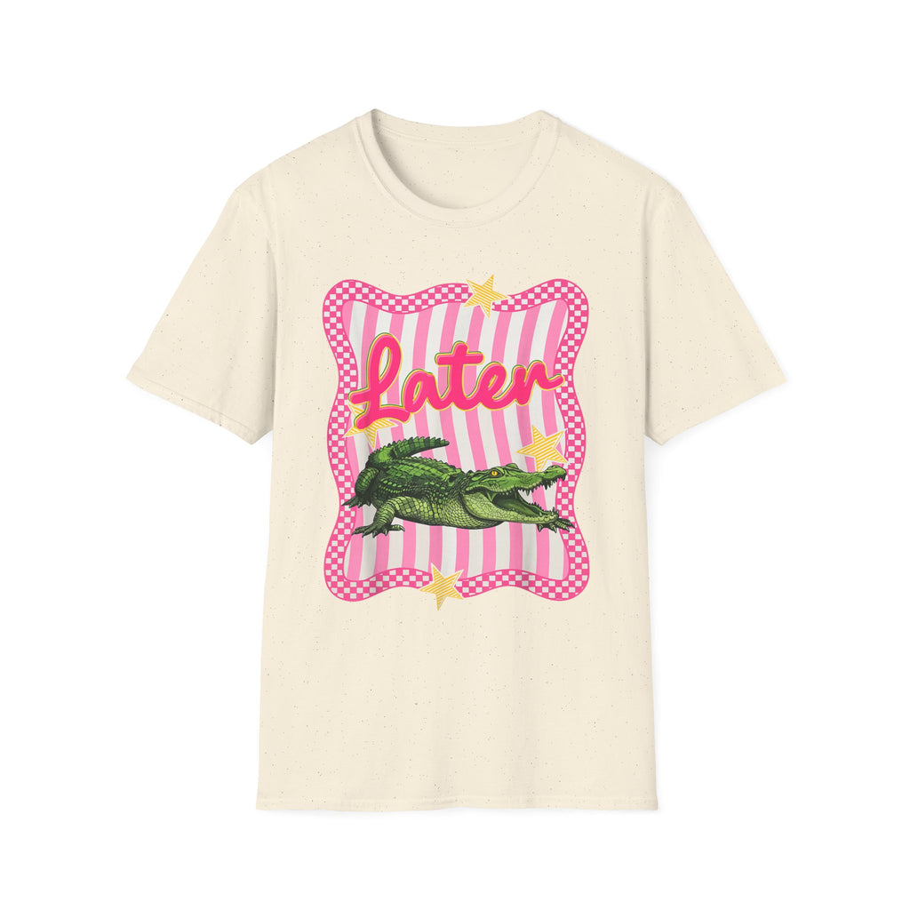 Later Graphic T‑Shirt — Retro Pink Stripe Alligator Design