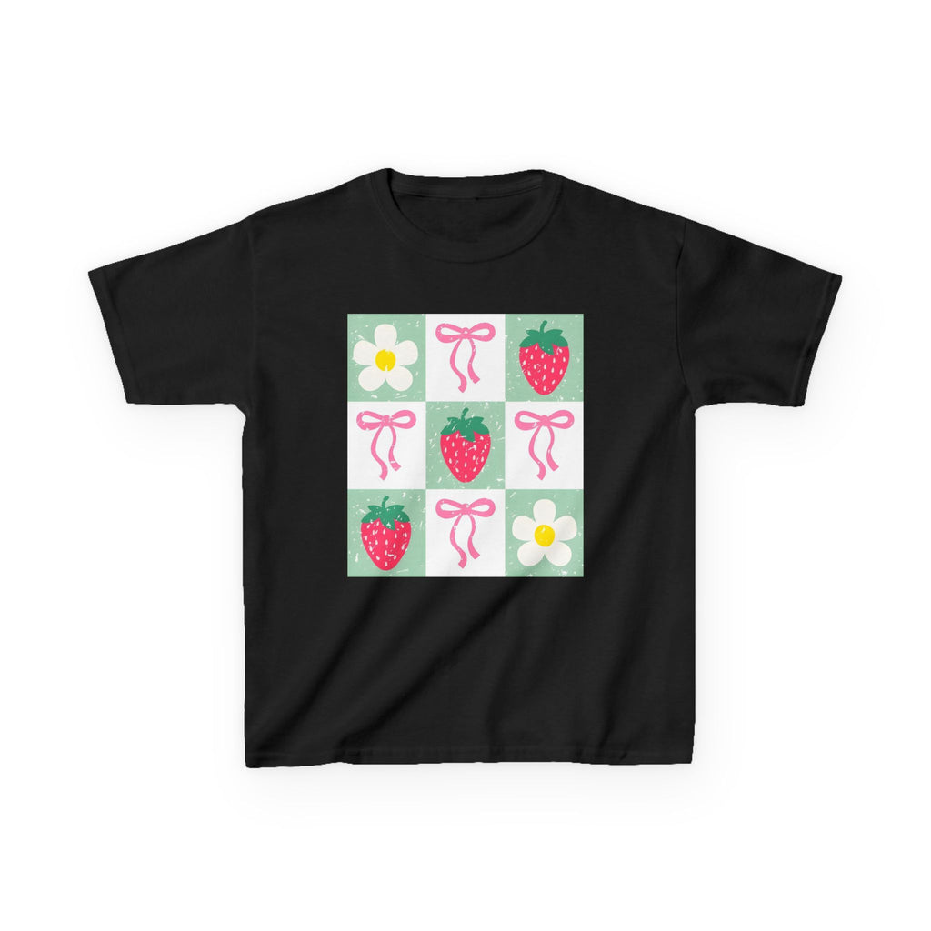 Kids Strawberry Grid Tee — Cute Strawberry & Flower Graphic T-Shirt