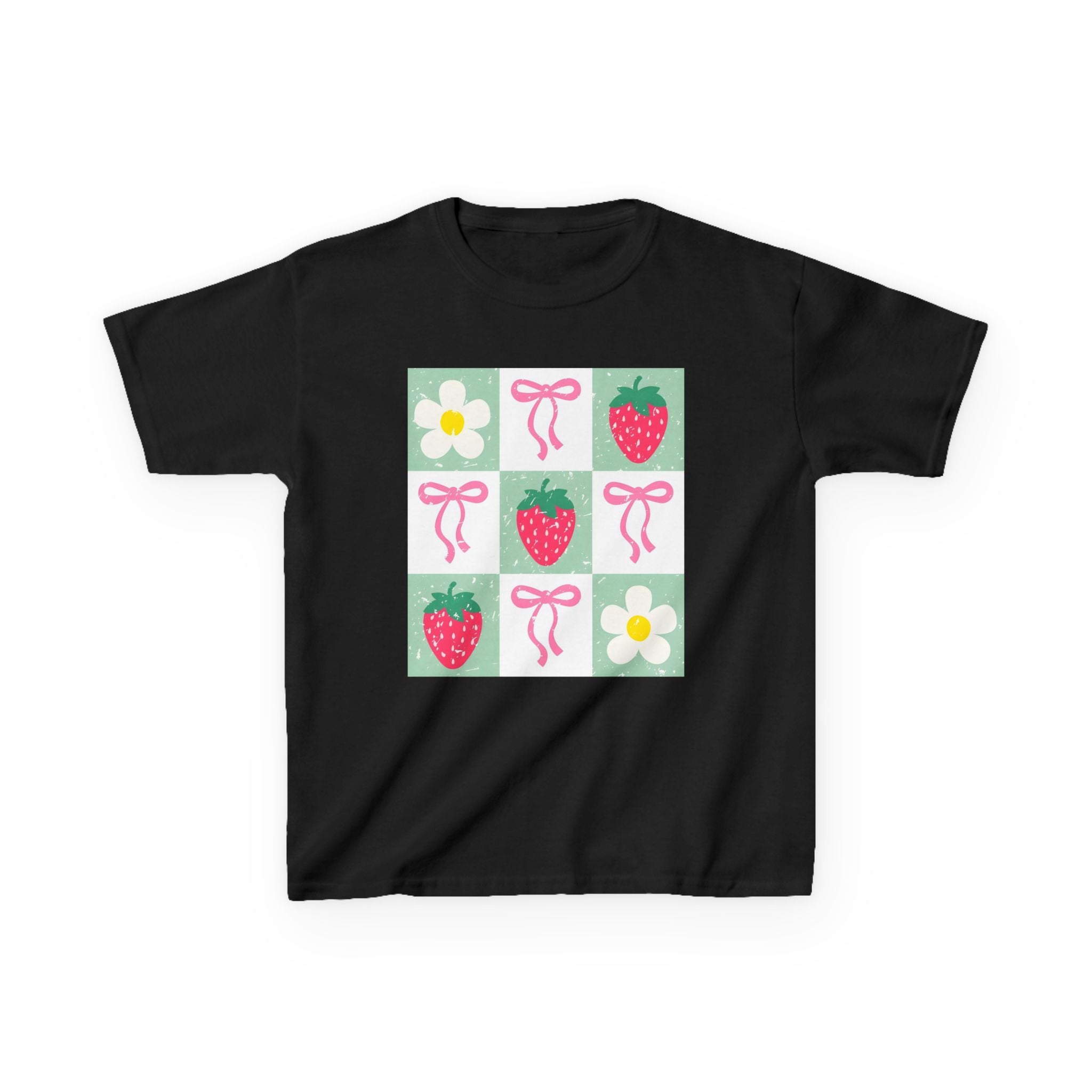 Kids Strawberry Grid Tee — Cute Strawberry & Flower Graphic T-Shirt