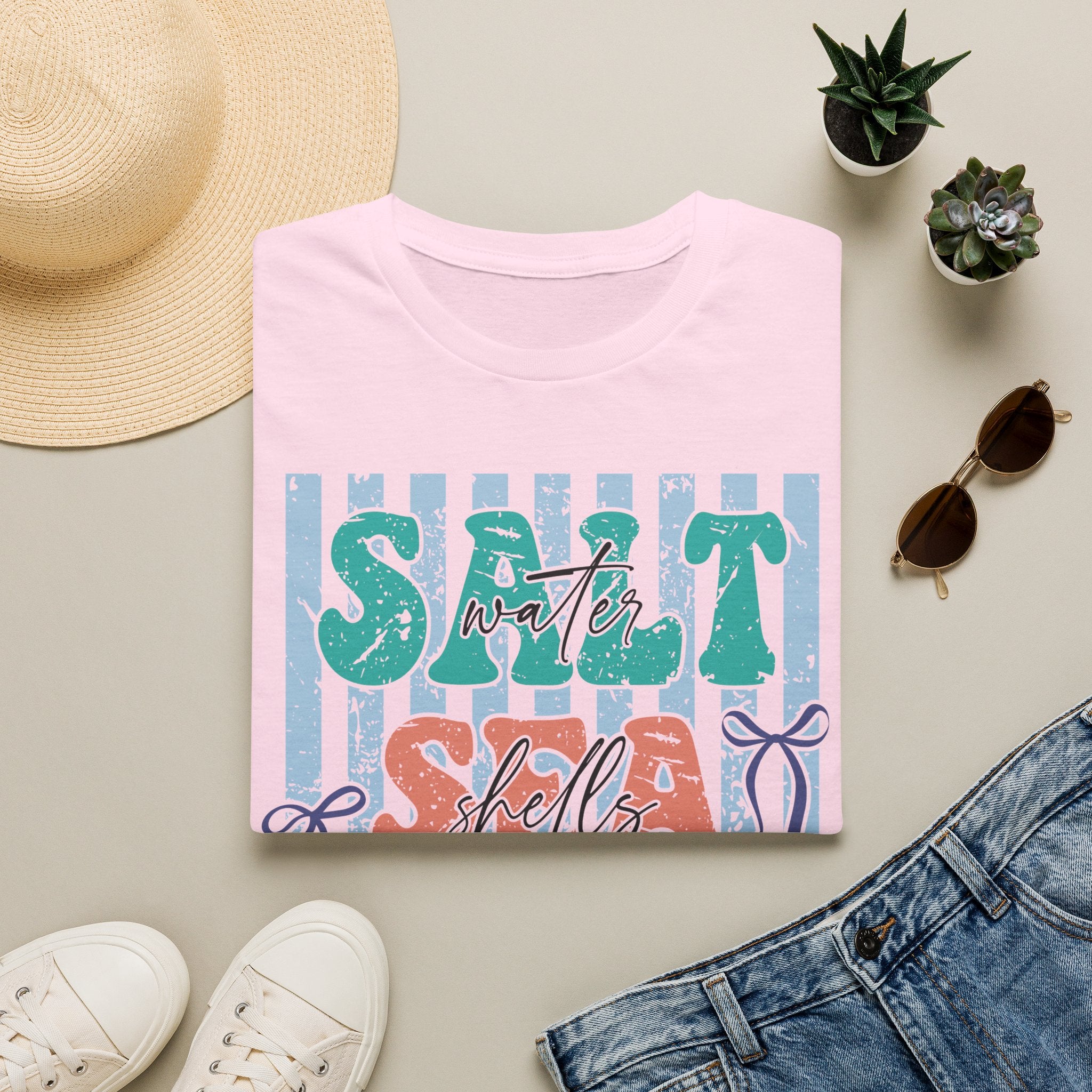 Beach Vibes T-Shirt — "Salt Water, Sea Shells, Sun" Retro Stripes